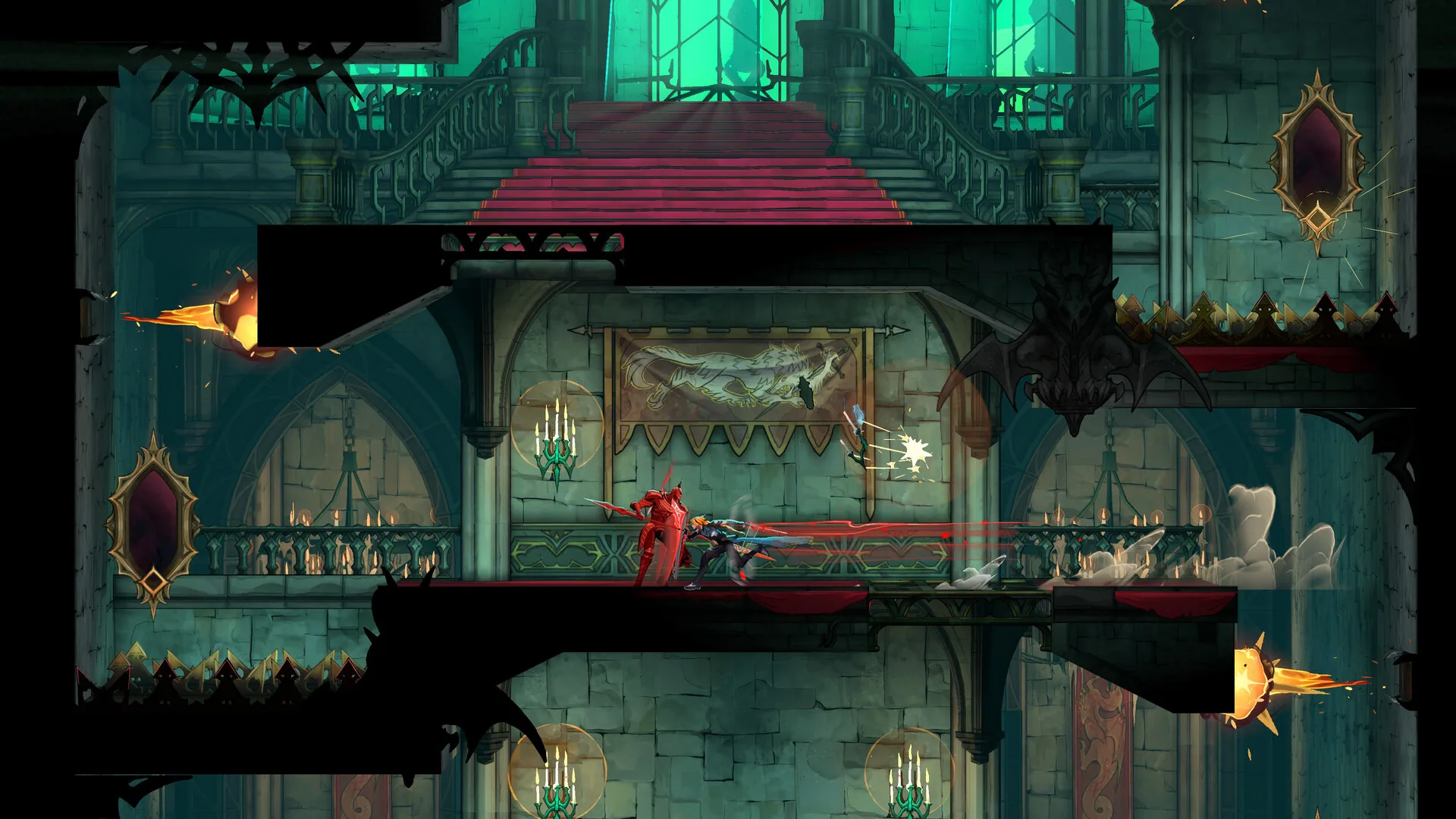Red-armored fighter under a wolf tapestry