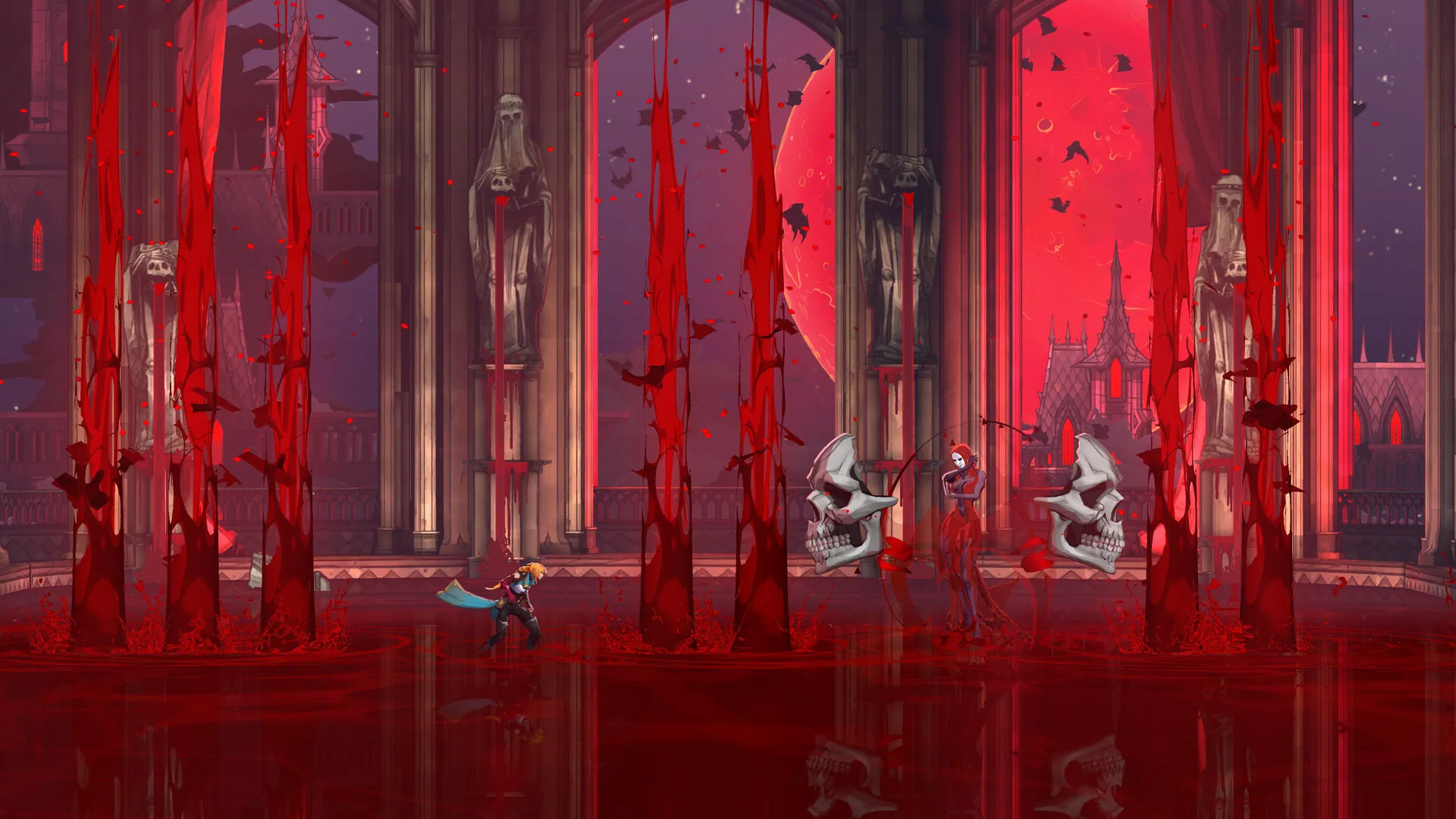 Hunter in a teal coat in a blood-flooded statue hall