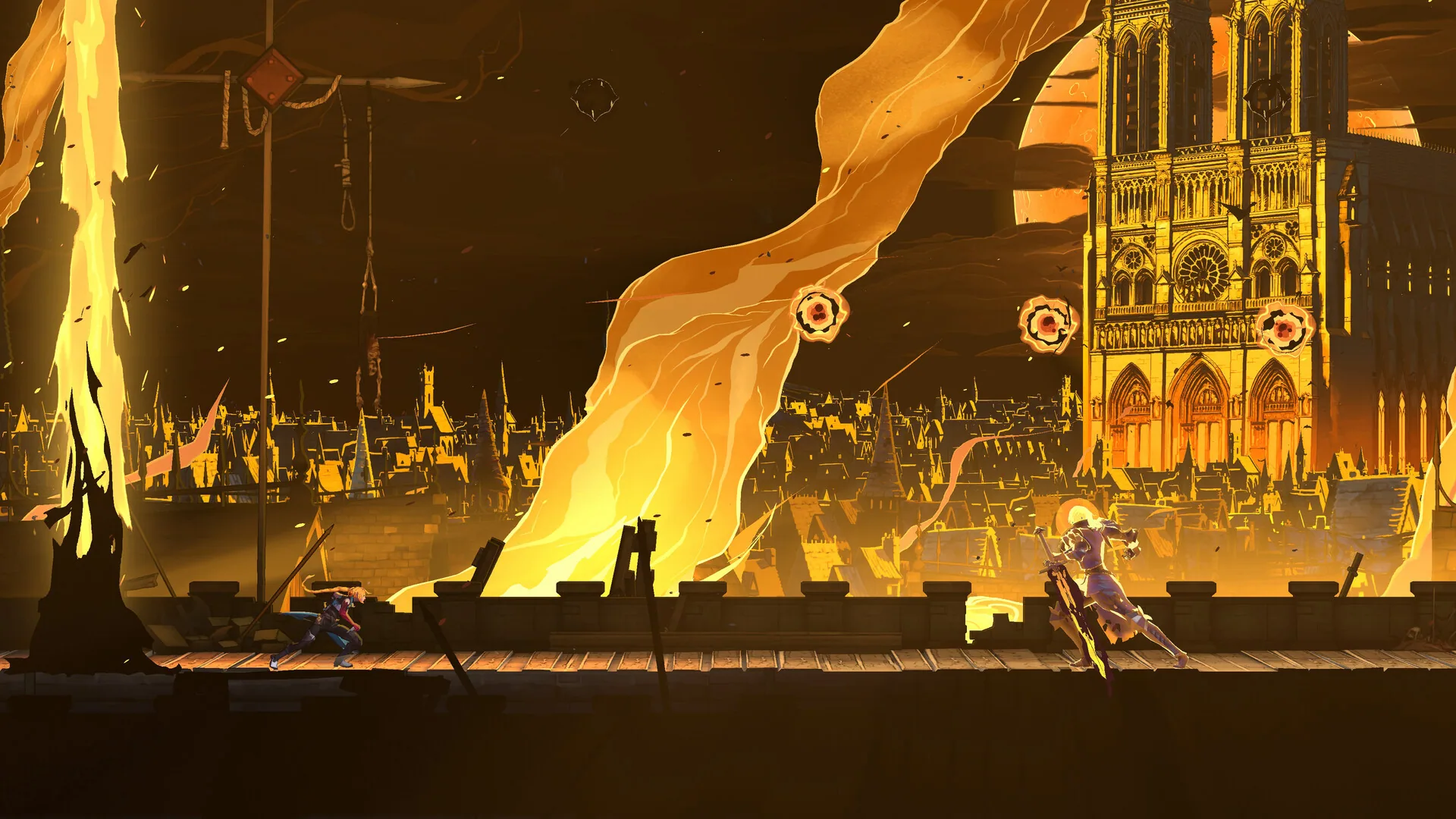 Burning Paris rooftops and a cathedral behind a hunter fight