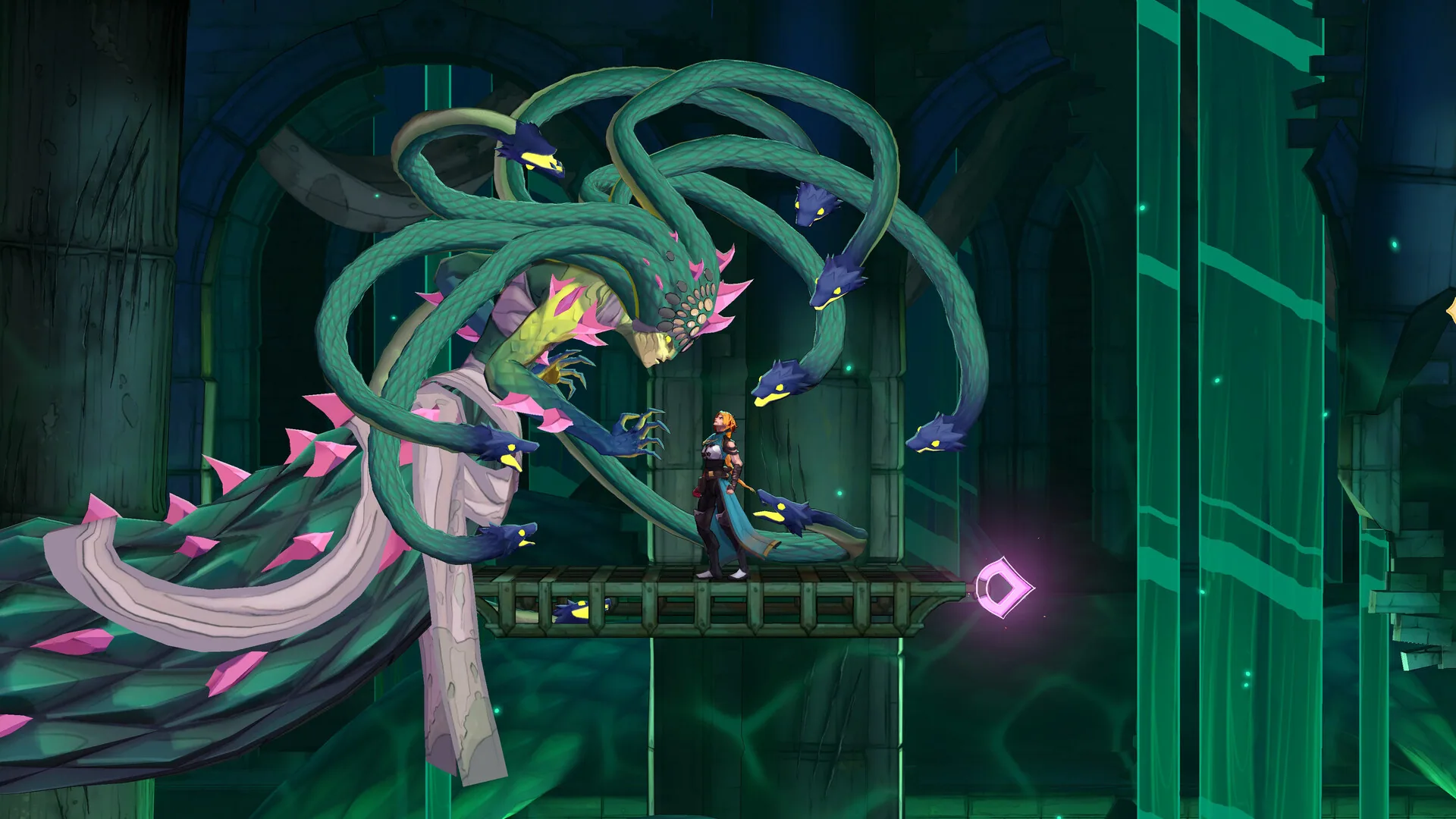 Hunter facing a huge green multi-headed serpent