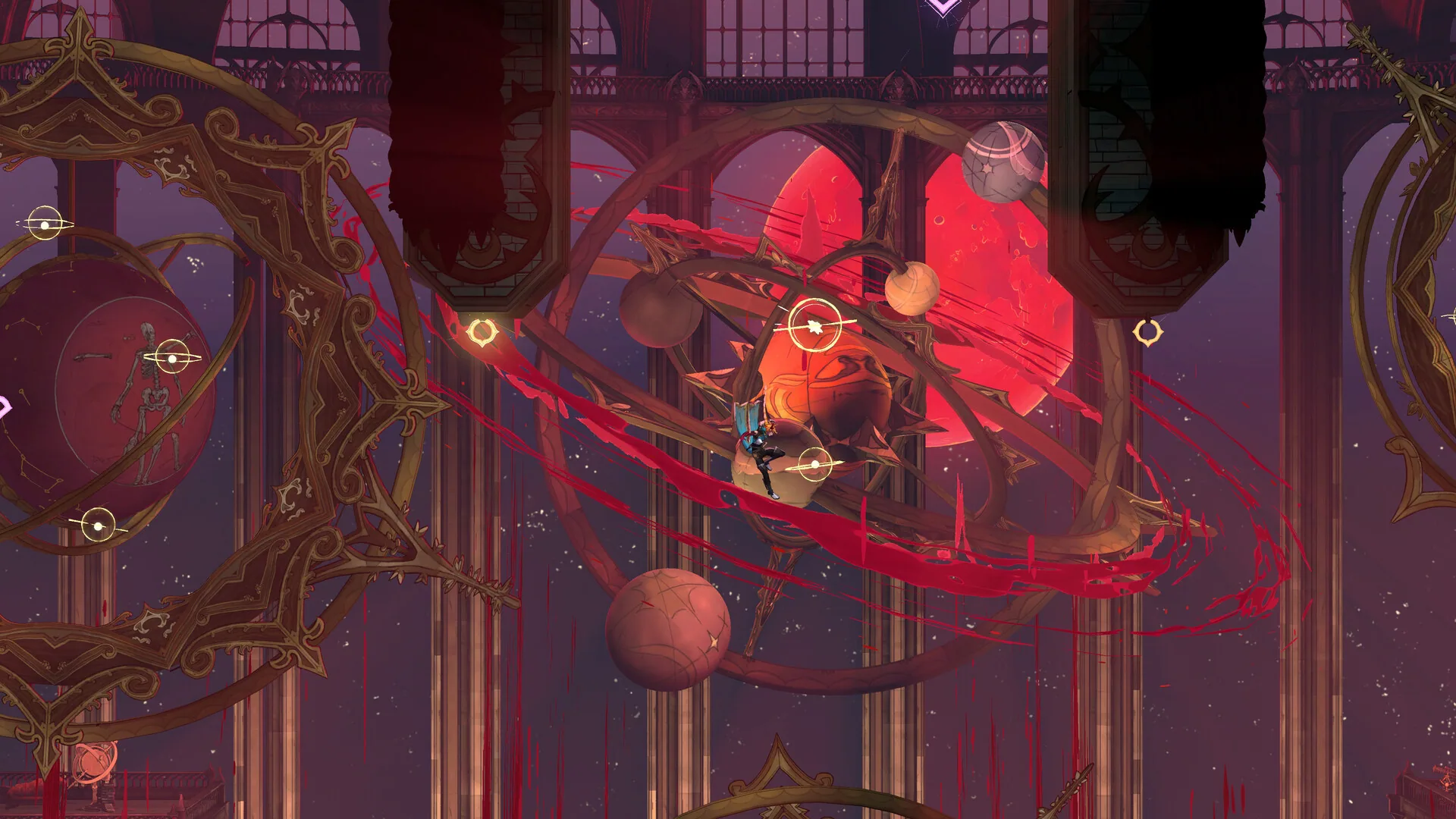 Small hunter inside golden astrolabe rings under a red moon