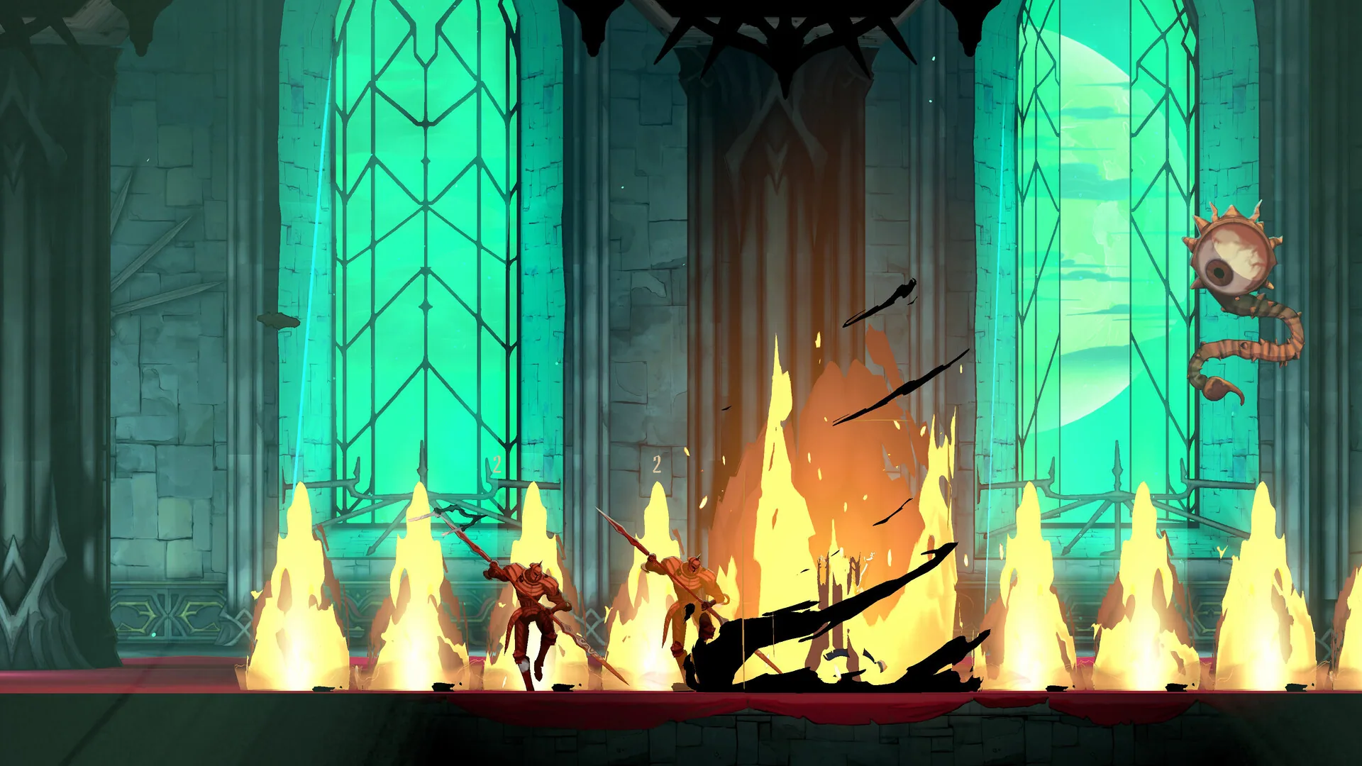 Two armored fighters and a spiked floating eye