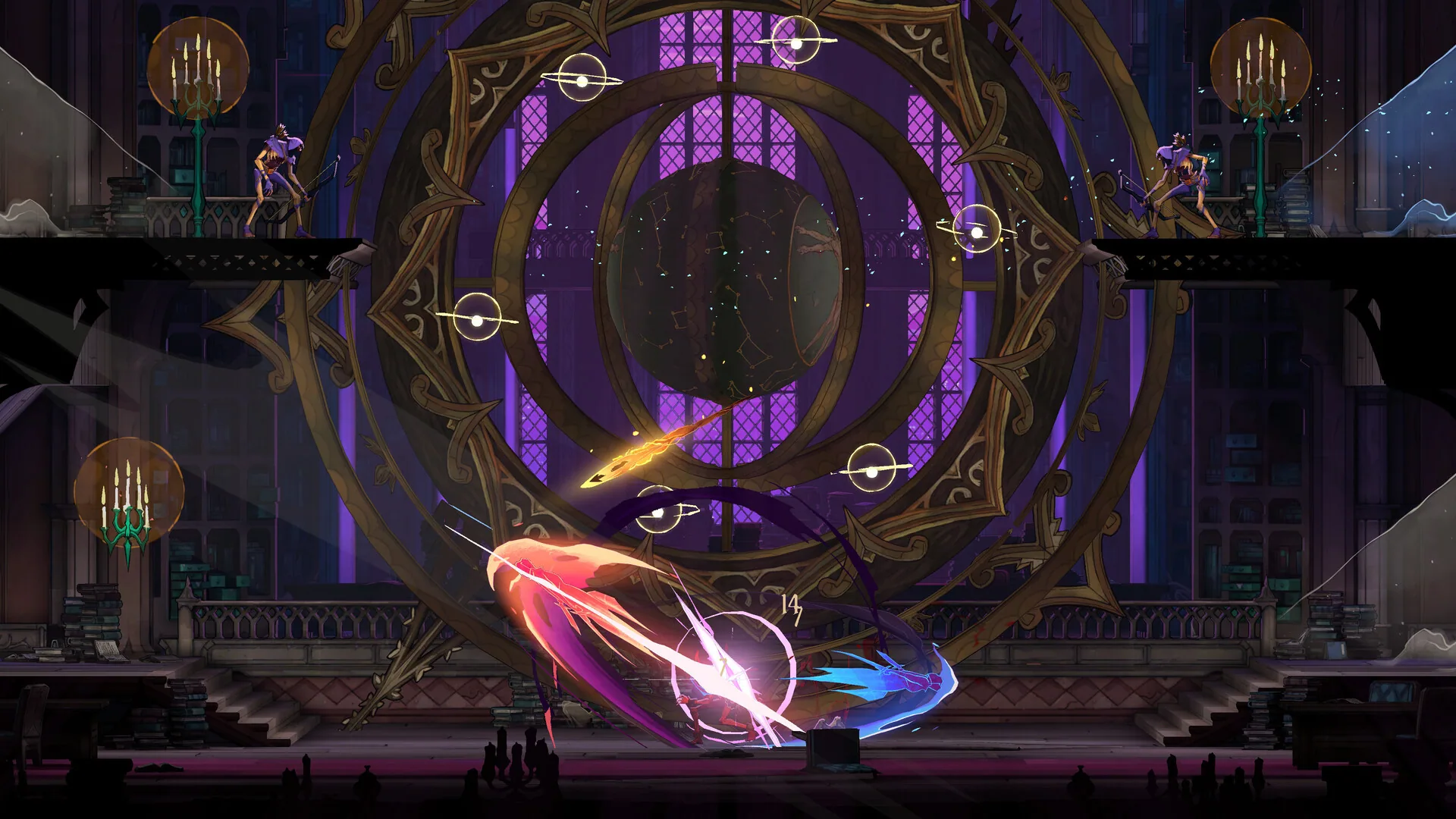 Library hall with a gold orrery and two fighters on ledges