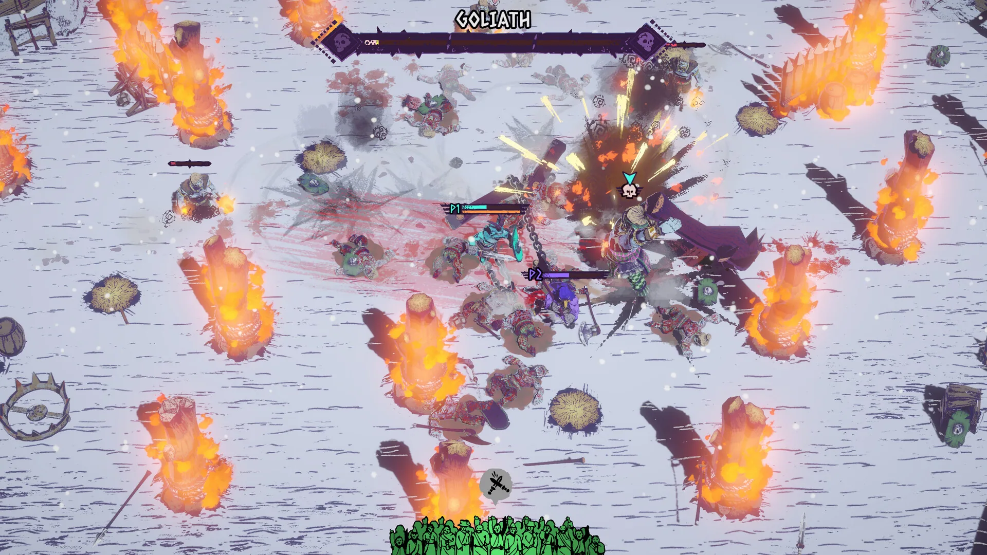 A crew of chained gladiators in the middle of a fight
