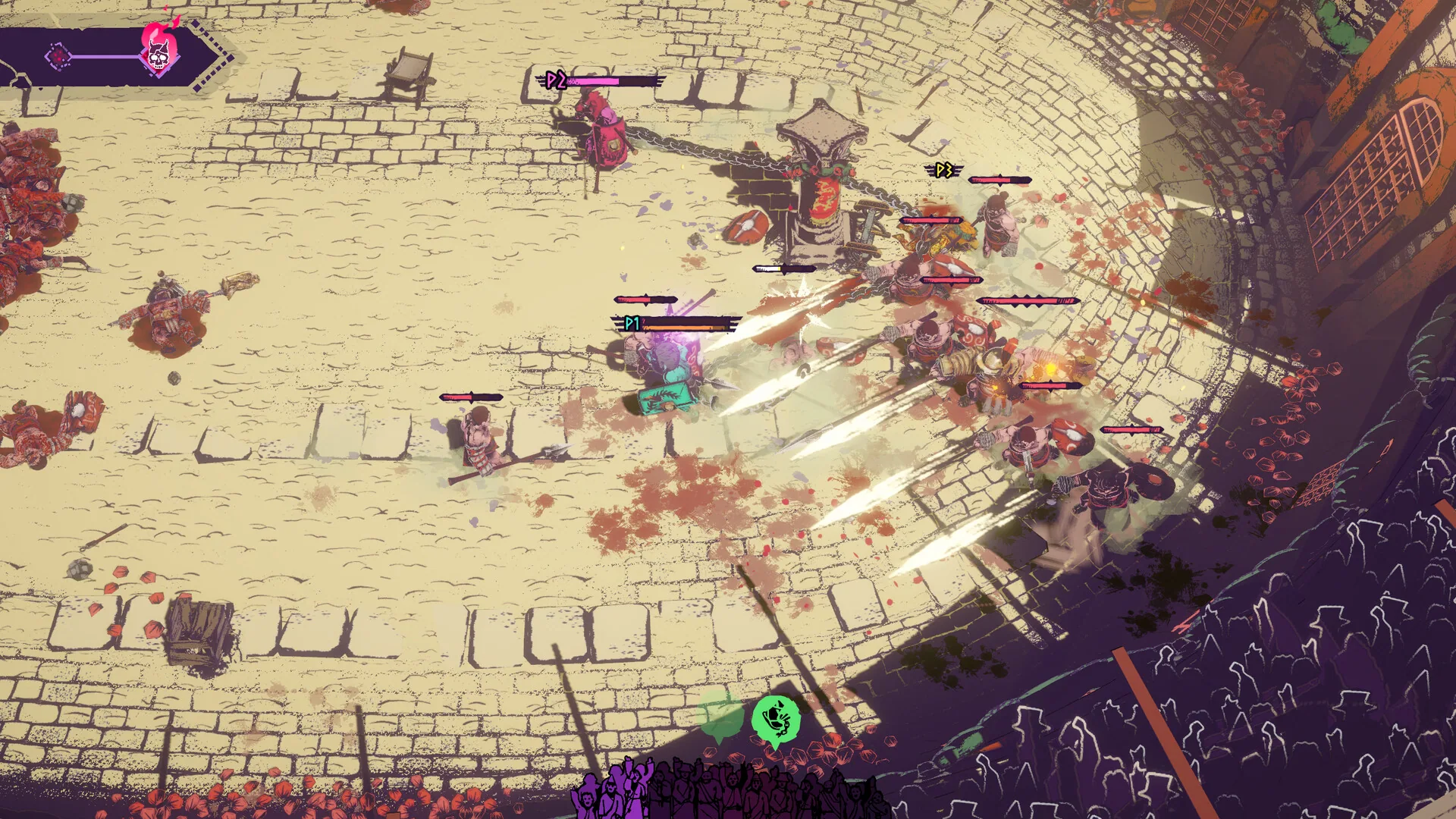 Gladiators hauled back toward each other by their chains