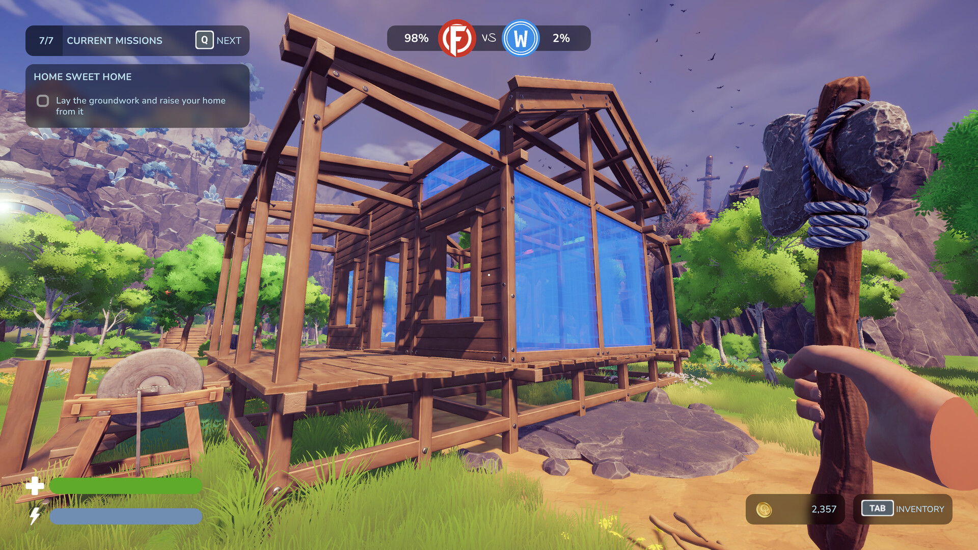 First-person view of a wooden house frame in a bright forest while holding an axe.