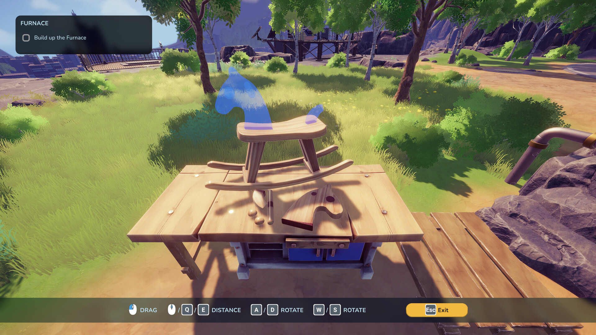A small wooden chair being positioned on an outdoor workbench.