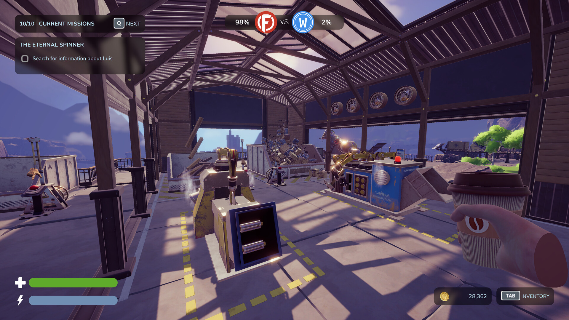 First-person view inside a large production hall with machines and work areas.