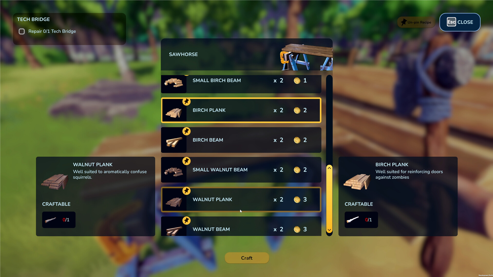 The sawhorse crafting menu listing wooden beam and plank recipes.