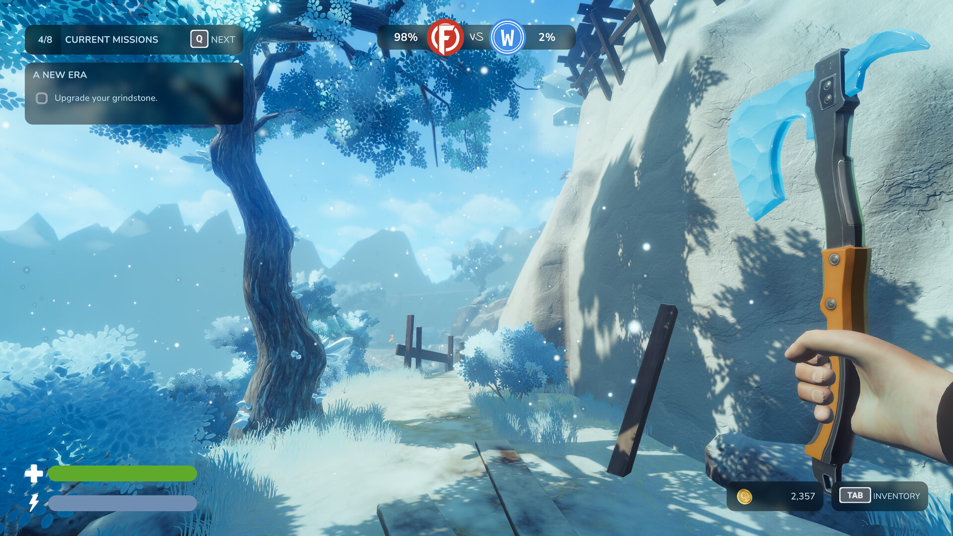 A snowy forest area seen while holding an ice axe.