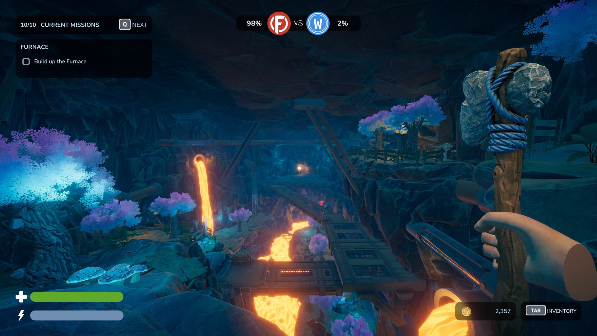 A lava-lit cavern with industrial walkways and a stone tool held in first person.