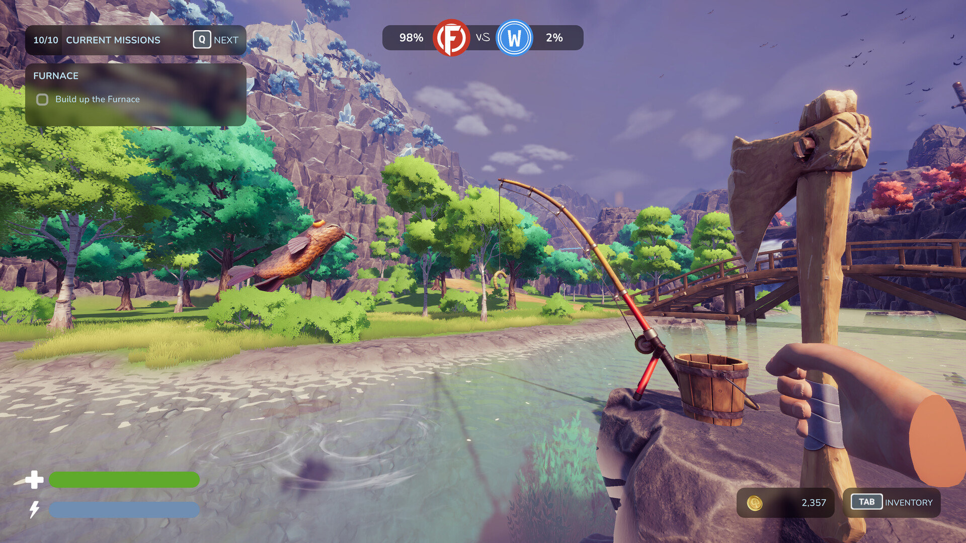 Fishing at a pond in a colorful forest while holding an axe.