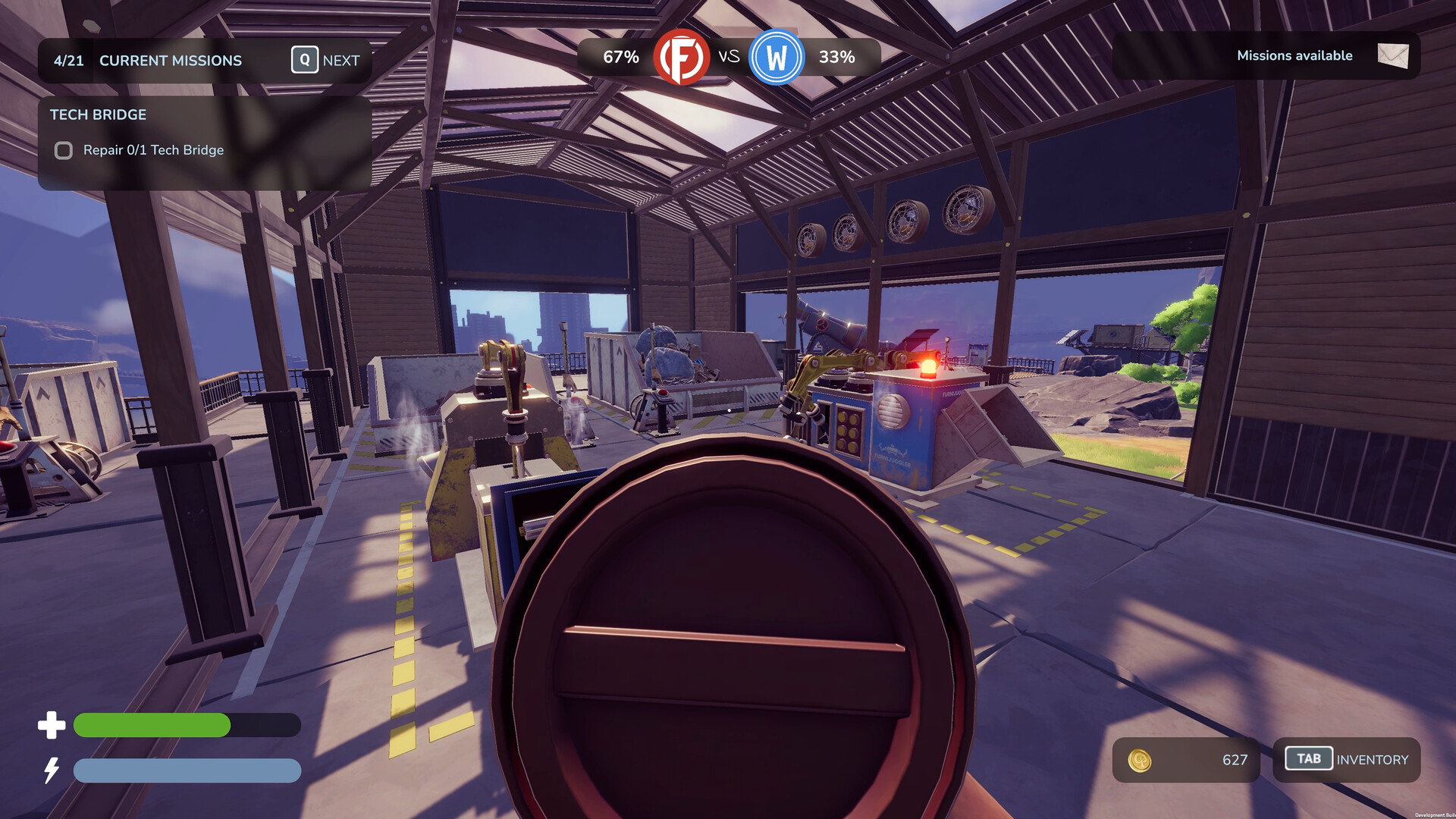 A production hall interior viewed while carrying a large round object.