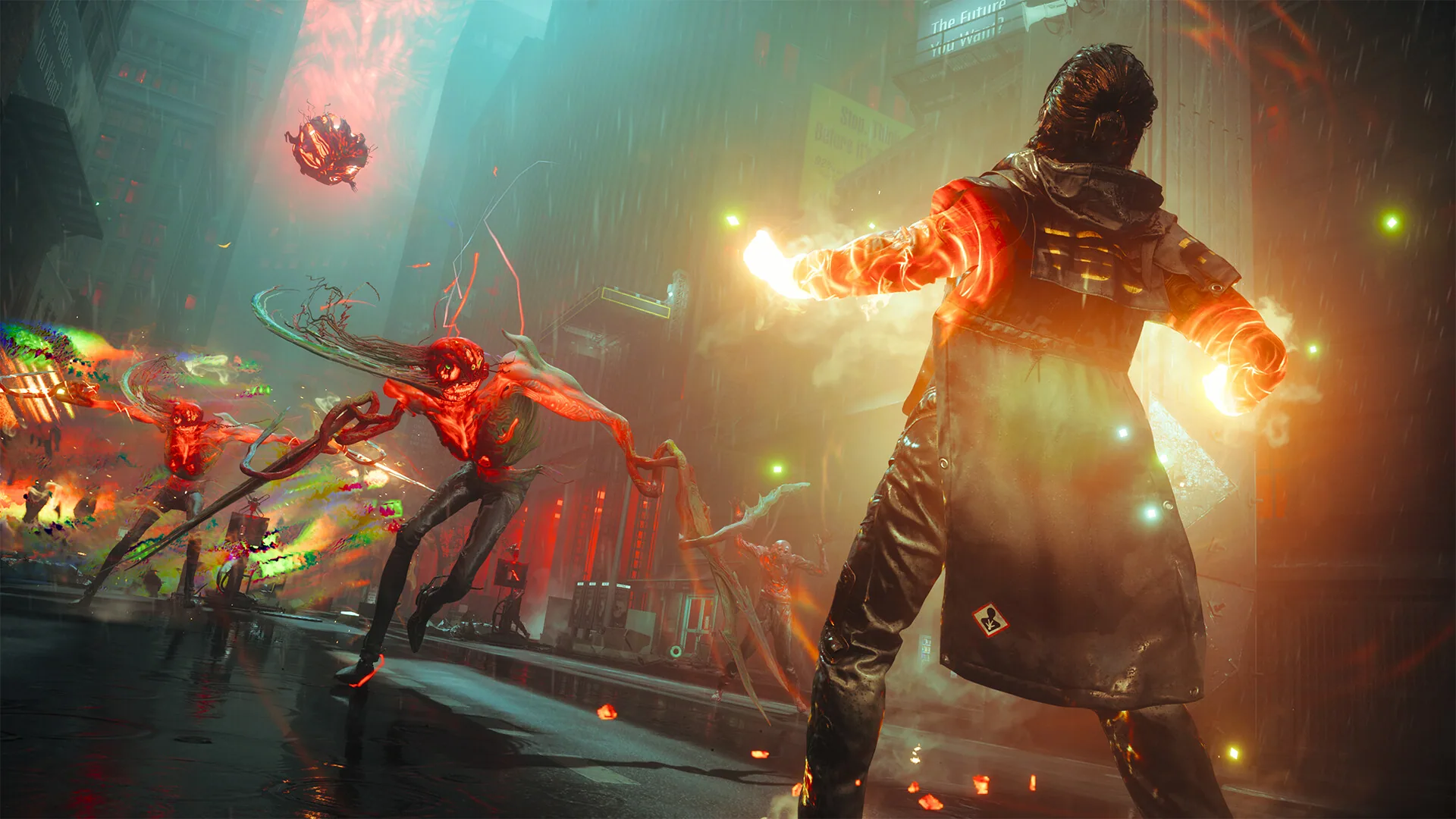 Dylan Faden fighting red Hiss forms on a wet Manhattan street