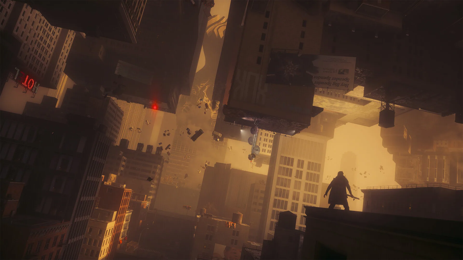 Warped Manhattan buildings rotated through a gravity anomaly
