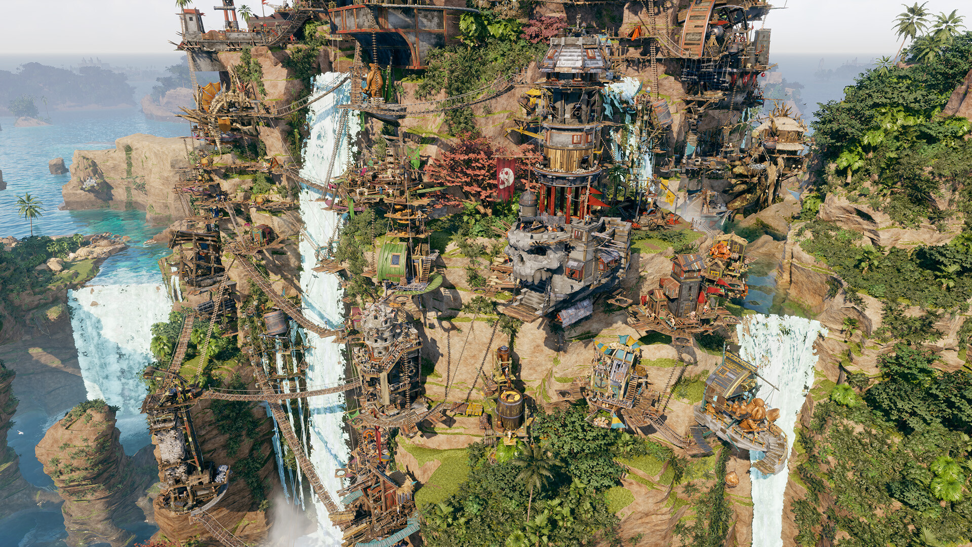 A large Corsair Cove settlement spanning limestone cliffs and waterfalls