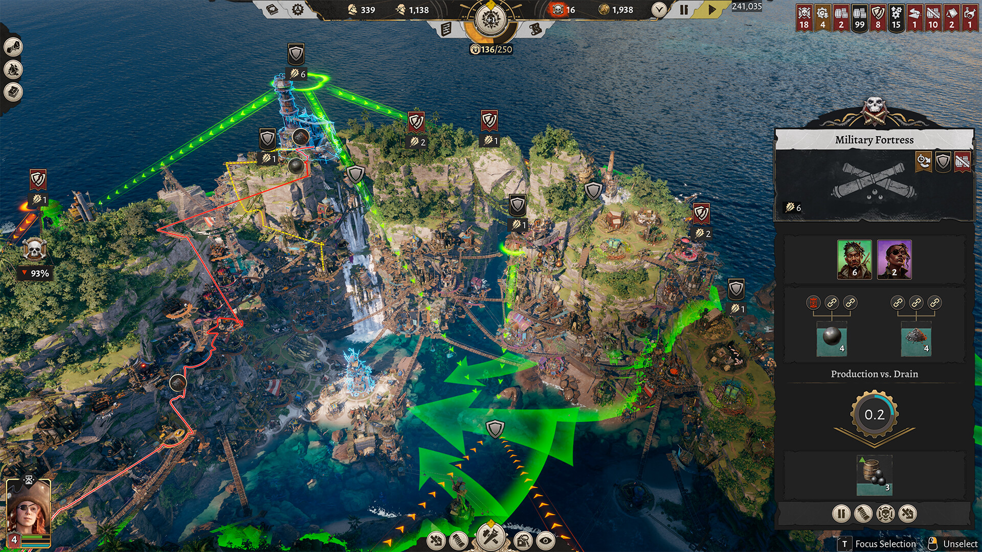Corsair Cove interface showing a developed settlement and fleet activity