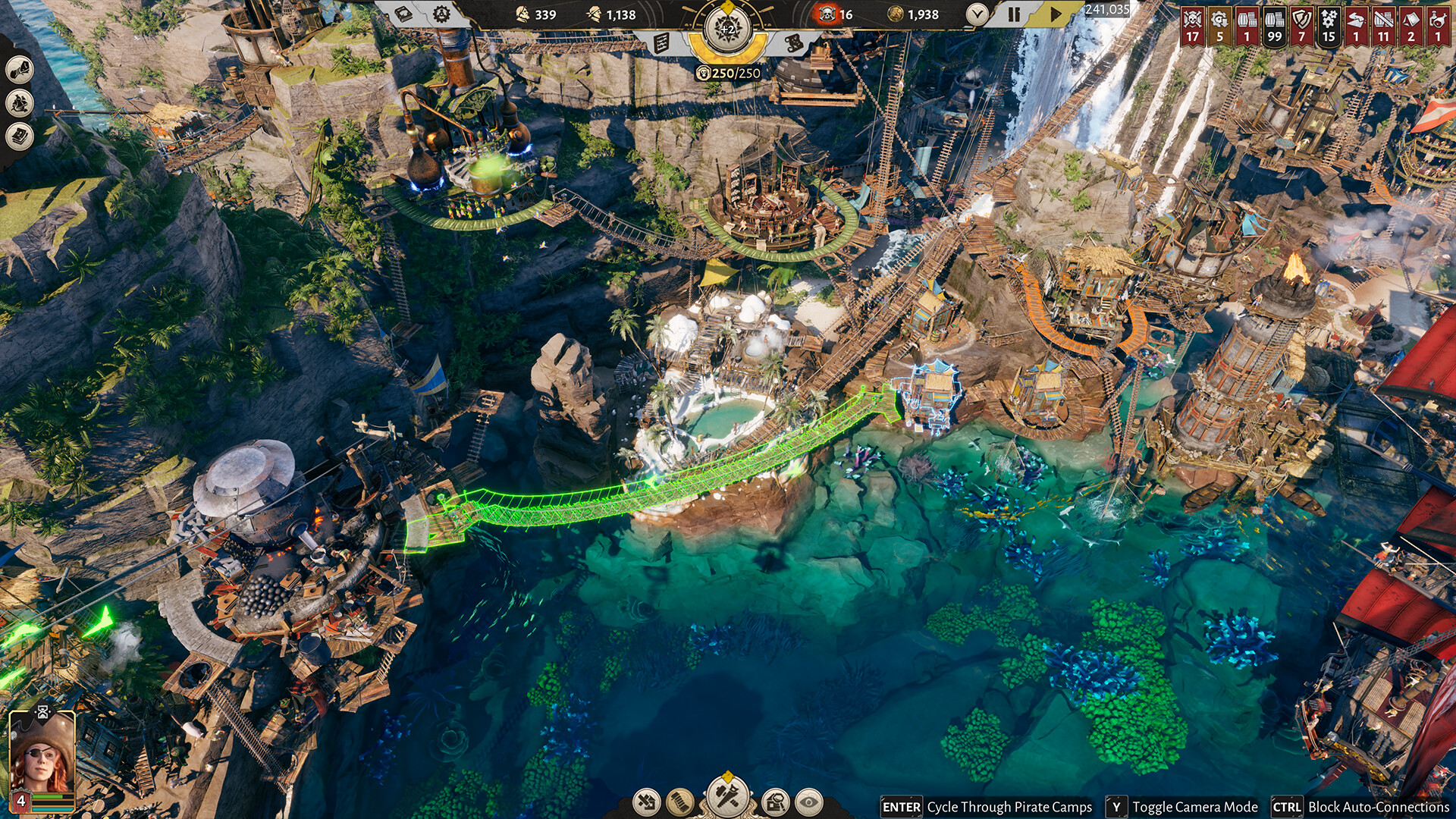 A Corsair Cove cliff settlement with bridges, ladders, and a highlighted bridge placement preview