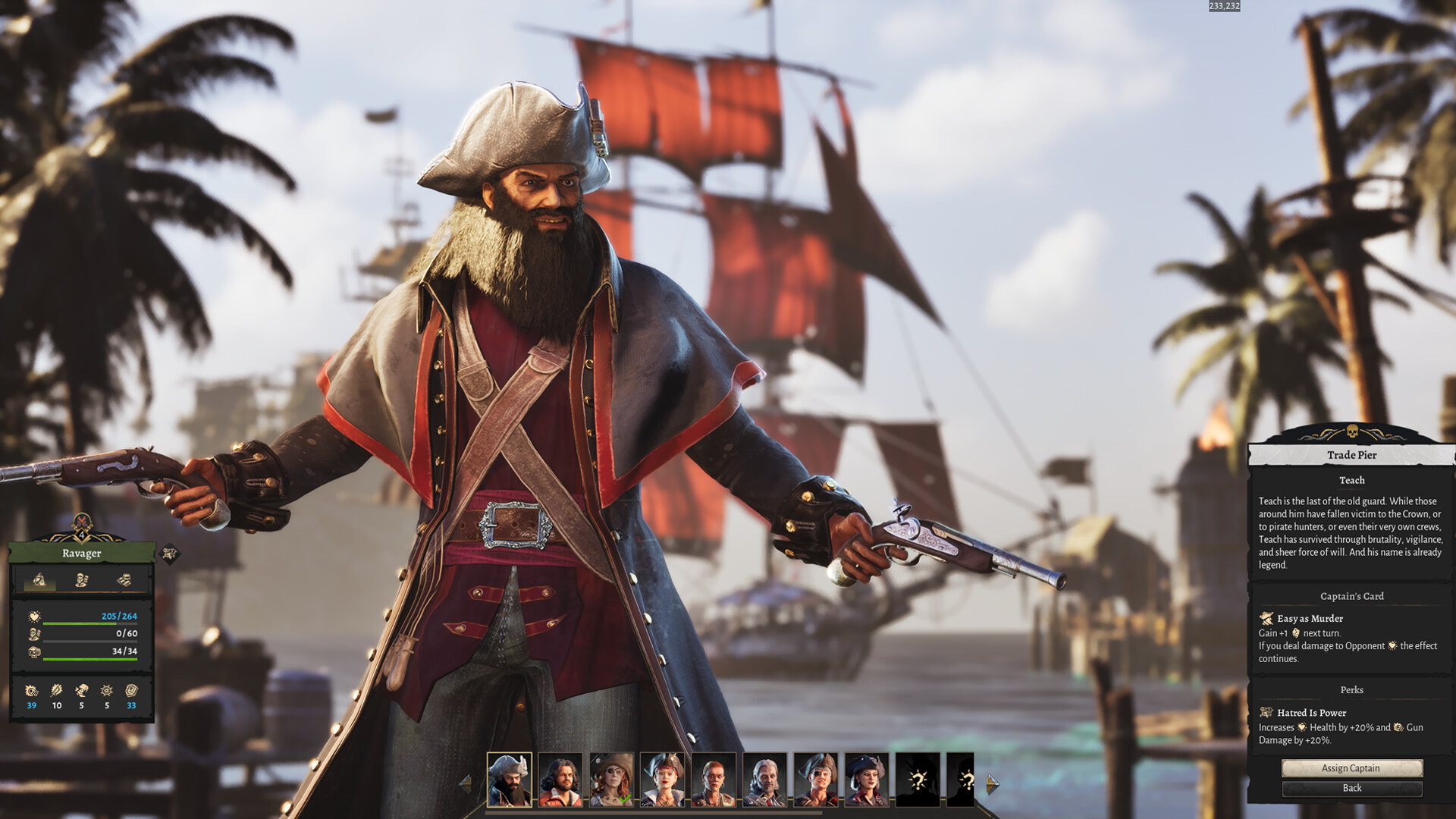 Corsair Cove captain selection interface with a ship behind the selected captain