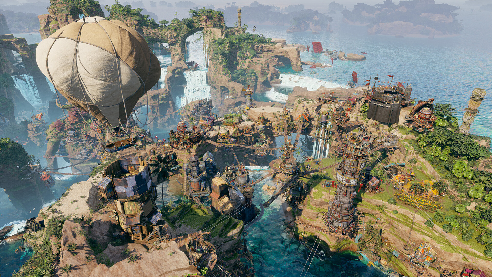 A broad Corsair Cove settlement connected across rocky islands and waterfalls