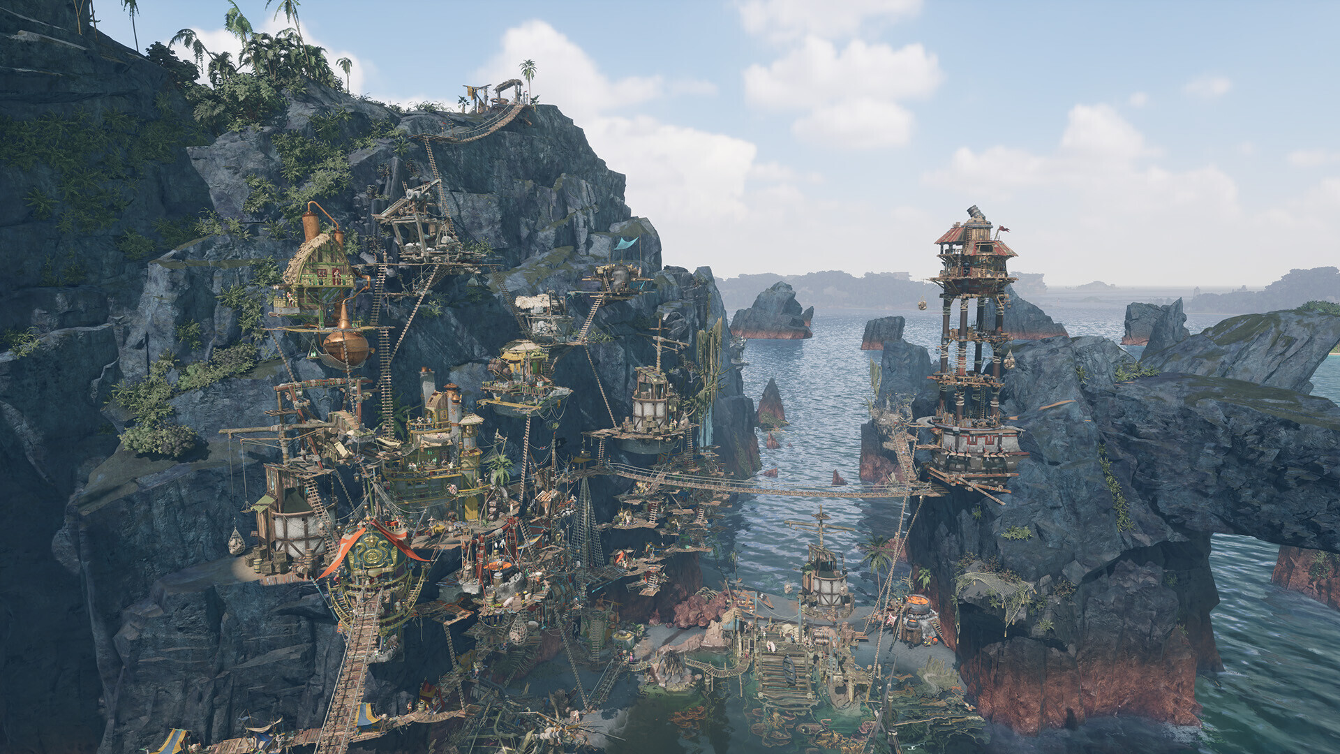 Corsair Cove city builder interface showing the developed haven and game controls