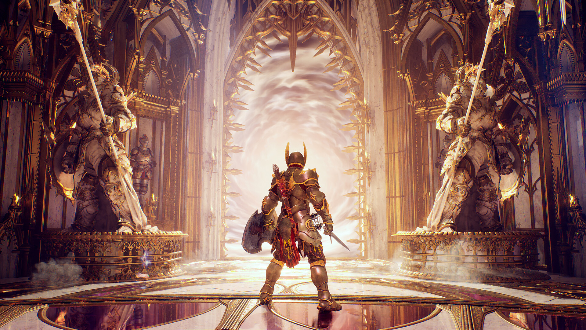 Official Crimson Moon screenshot: an armored Nephilim with a horned helmet stands before a glowing gothic gateway flanked by two large gargoyle statues holding banners, inside an ornate gold-and-white cathedral hall.