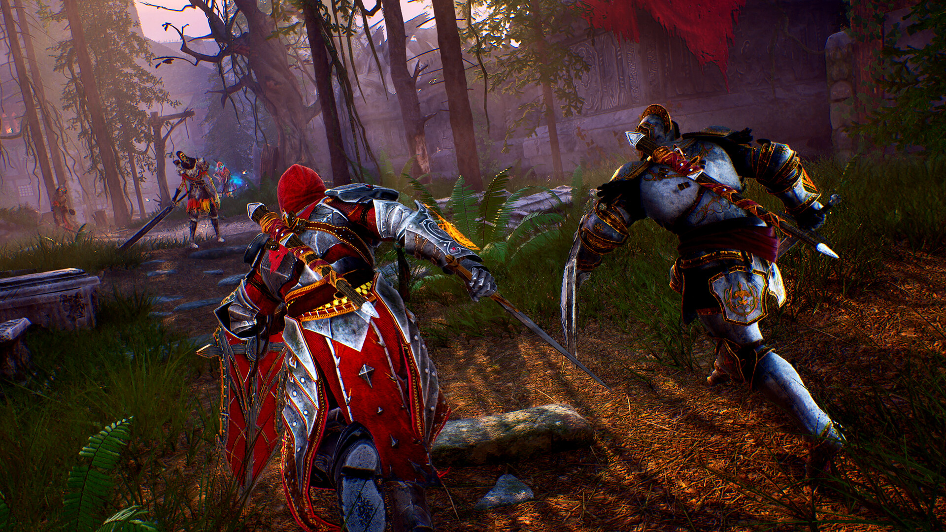 Official Crimson Moon screenshot: a red-armored, hooded player character clashes swords with an armored enemy knight in a misty forest graveyard near a ruined building draped in a large red banner.