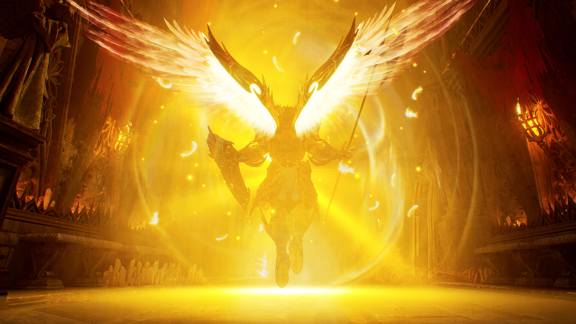Official Crimson Moon screenshot: a large winged figure glowing gold, wings outstretched, descending in a fiery gothic hall — consistent with the game's angelic Nephilim transformation imagery.