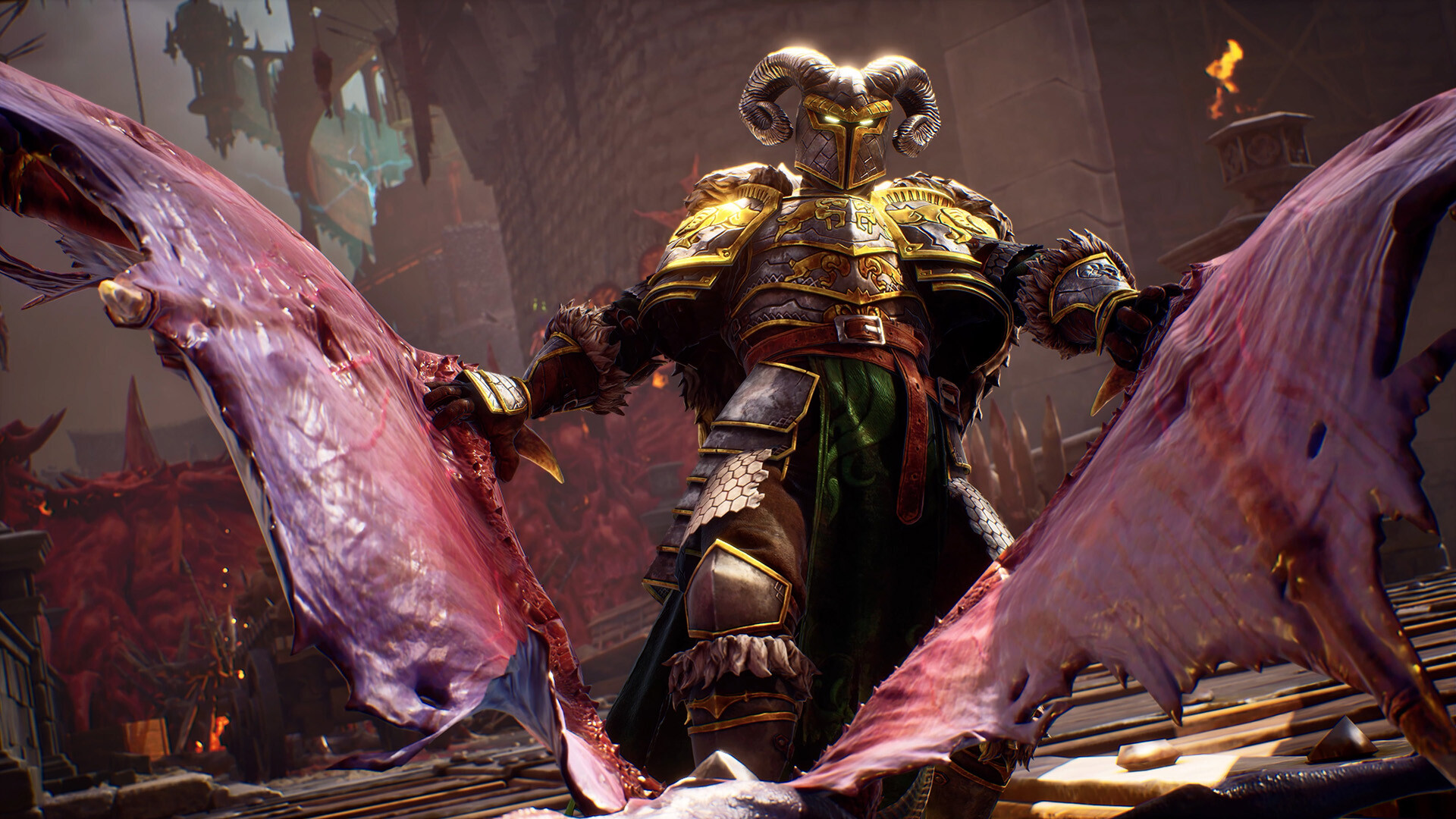 Official Crimson Moon screenshot: a horned, armored boss-type enemy wielding two large fleshy blade-like weapons stands on a bridge amid red demonic growth.