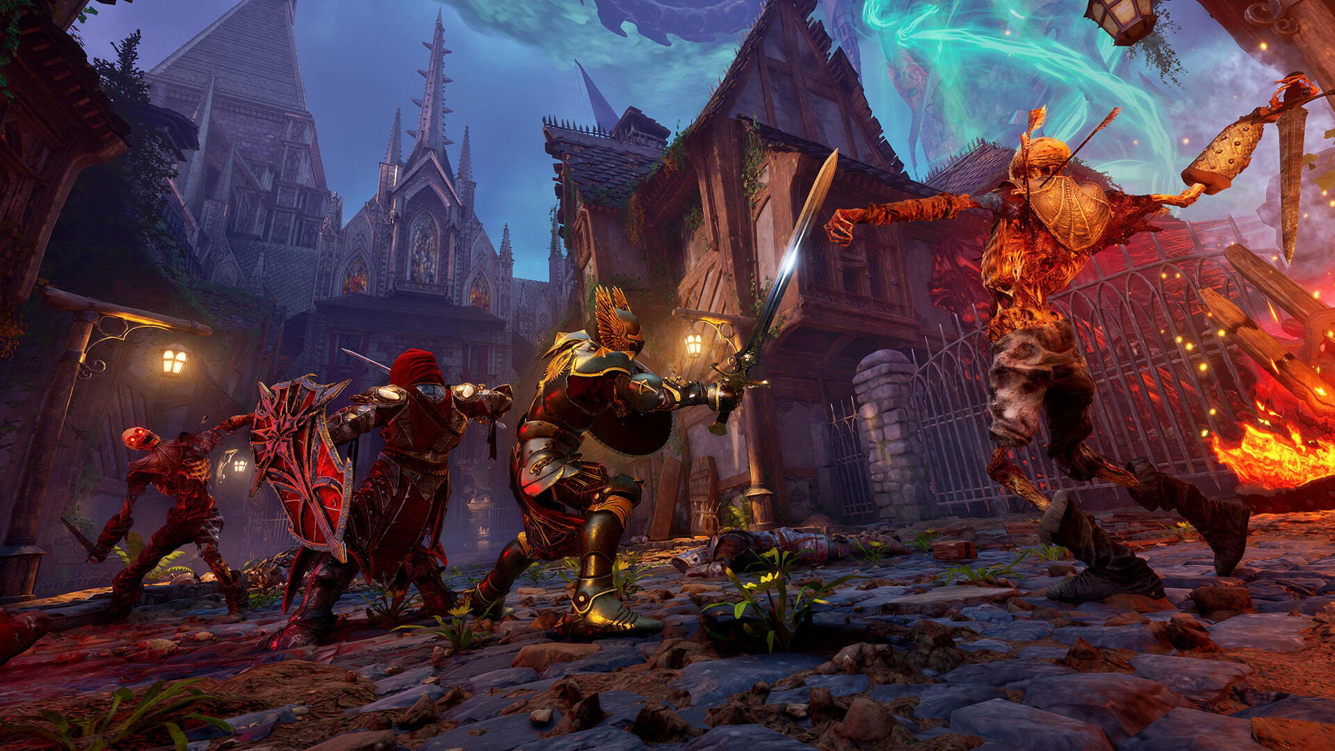 Official Crimson Moon screenshot: a winged-helmet player character fights a burning skeletal enemy at night in a gothic village street, with two hooded allied-looking characters nearby and a church visible in the background.