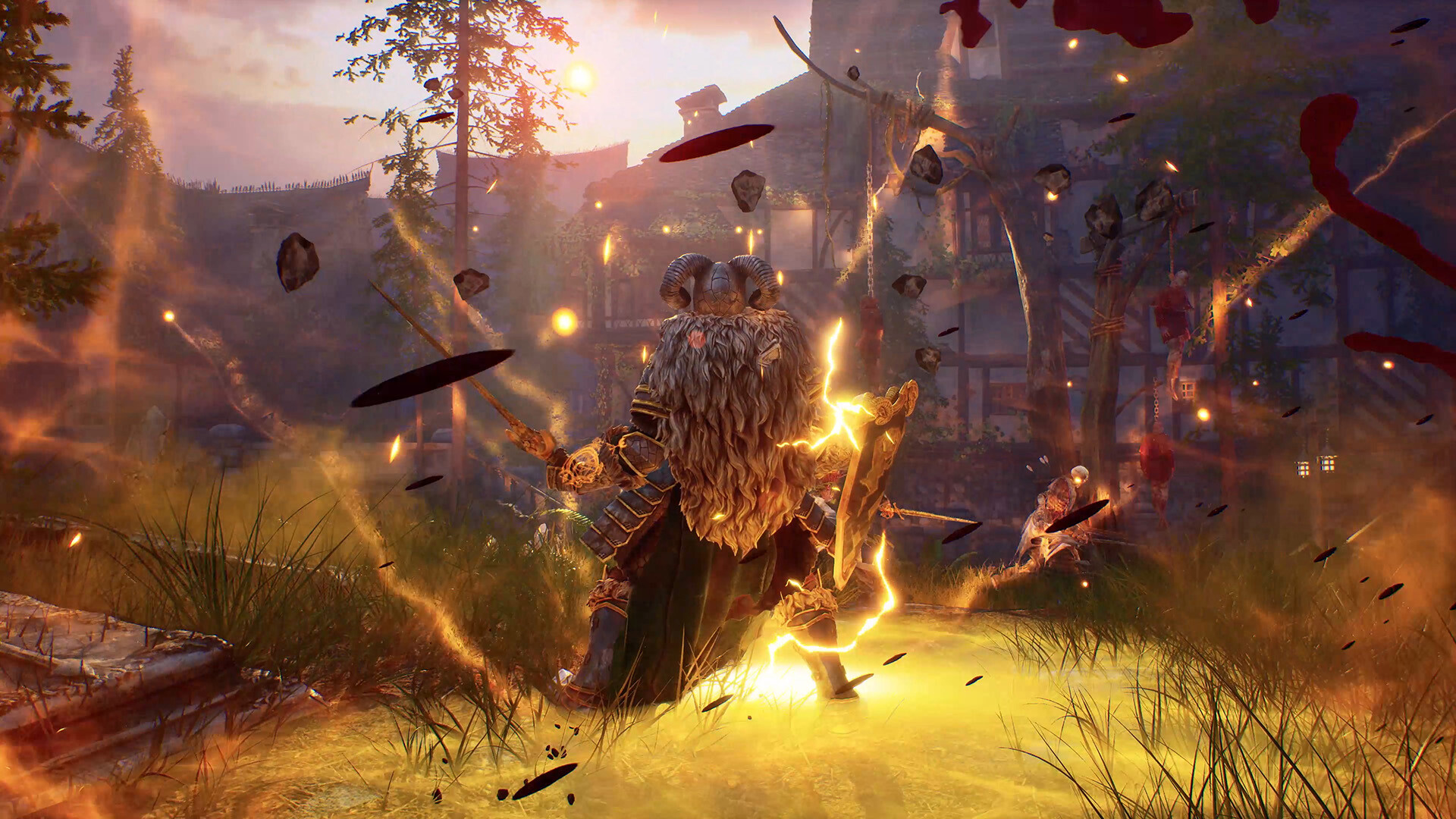 Official Crimson Moon screenshot: a player character in shaggy ram-horned armor stands amid golden lightning effects in an autumn forest village near hanging-body gallows imagery, with a red-hooded ally in the background.