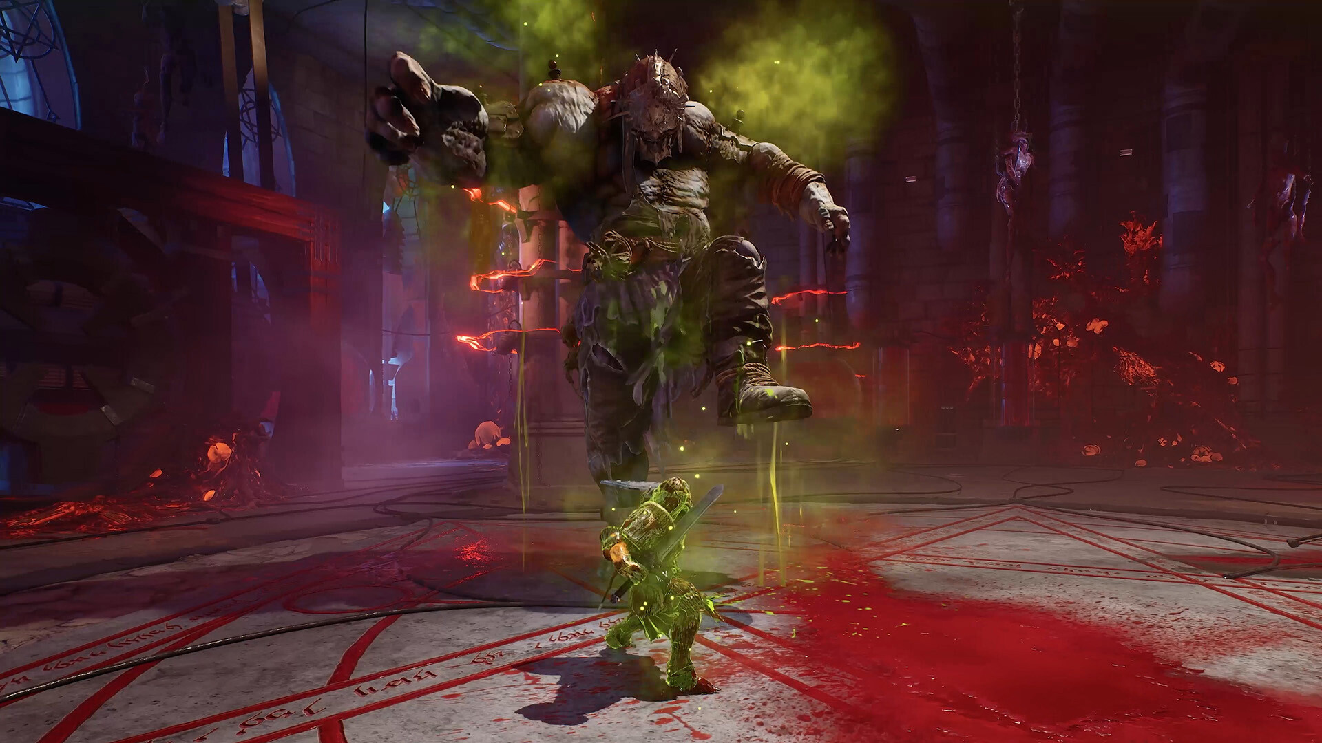 Official Crimson Moon screenshot: a small glowing-green player character faces a huge grotesque bandaged boss creature in a blood-soaked gothic hall.