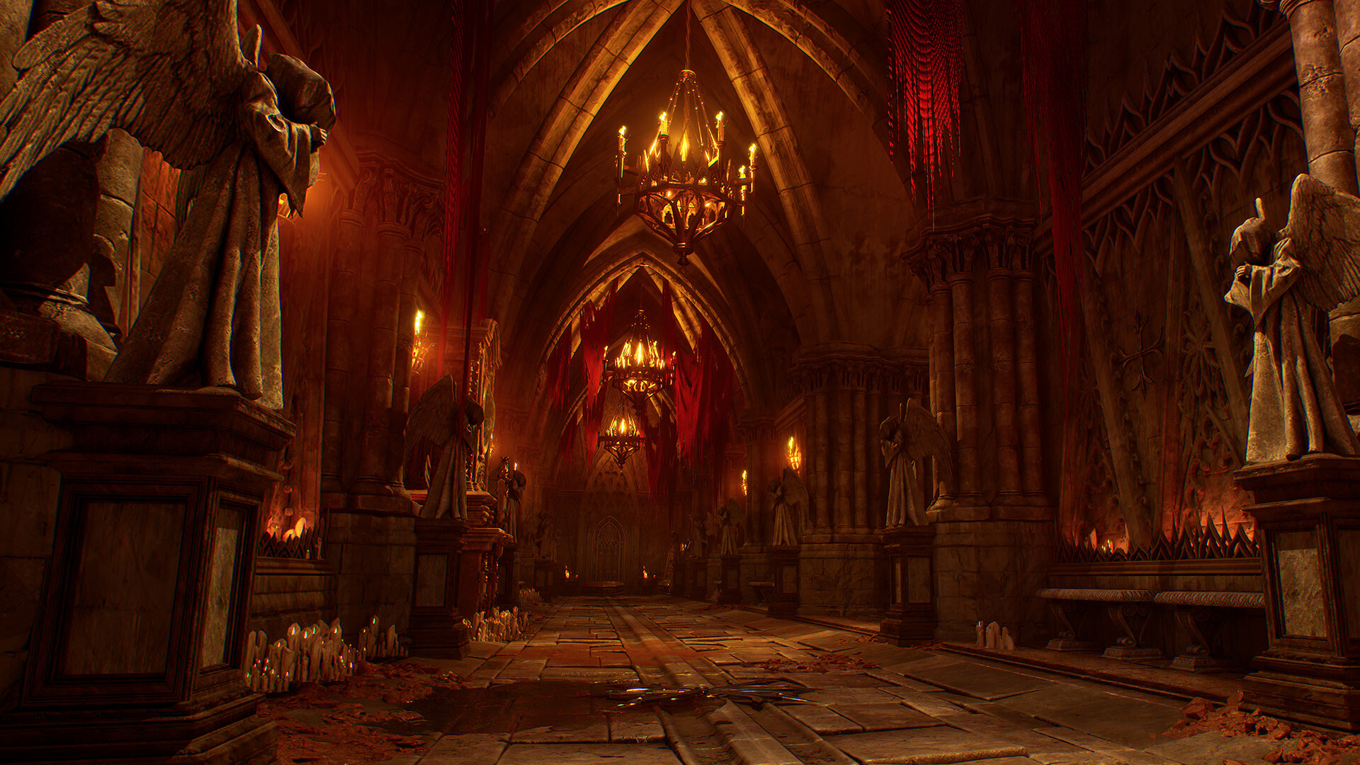 Official Crimson Moon screenshot: an empty, atmospheric gothic cathedral corridor lined with angel statues, lit chandeliers and hanging red banners.