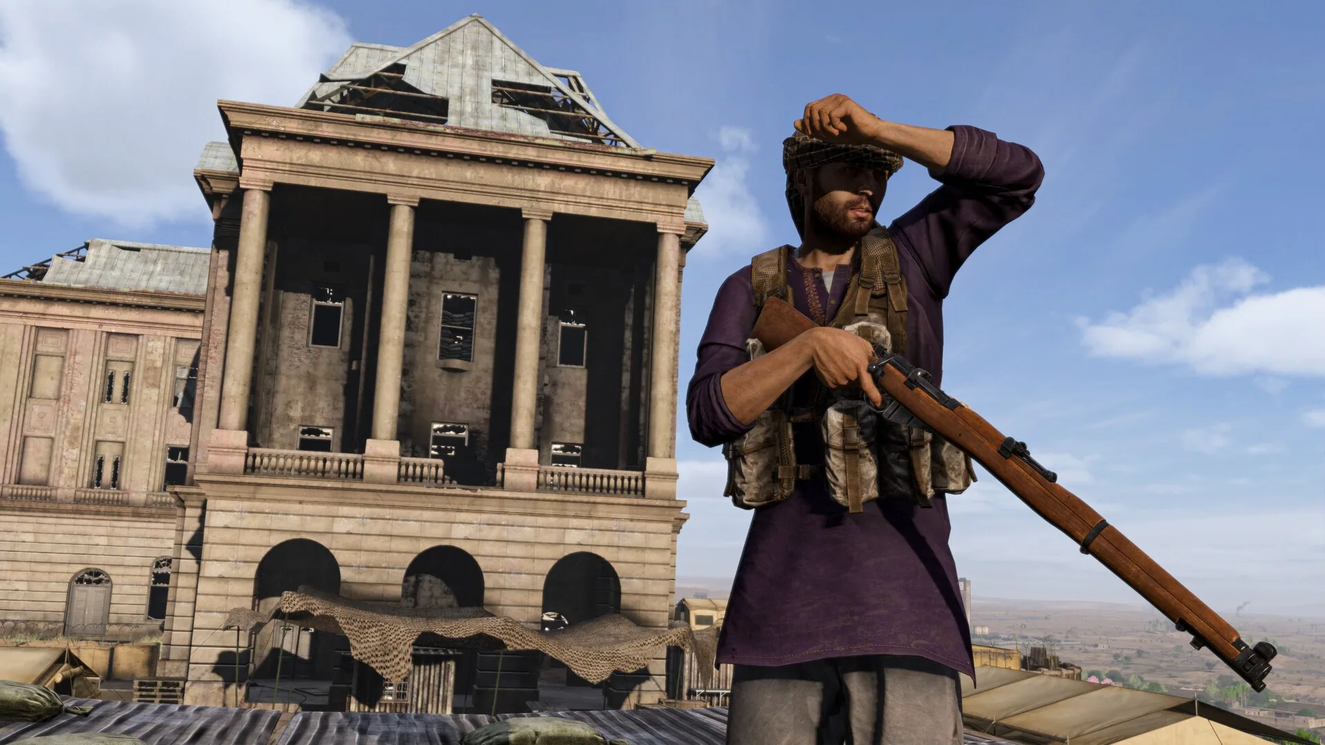 Stone colonnade and a figure with a bolt-action rifle