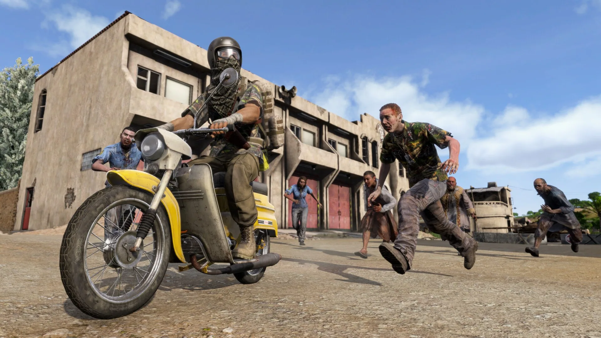 A yellow moped near an infected figure