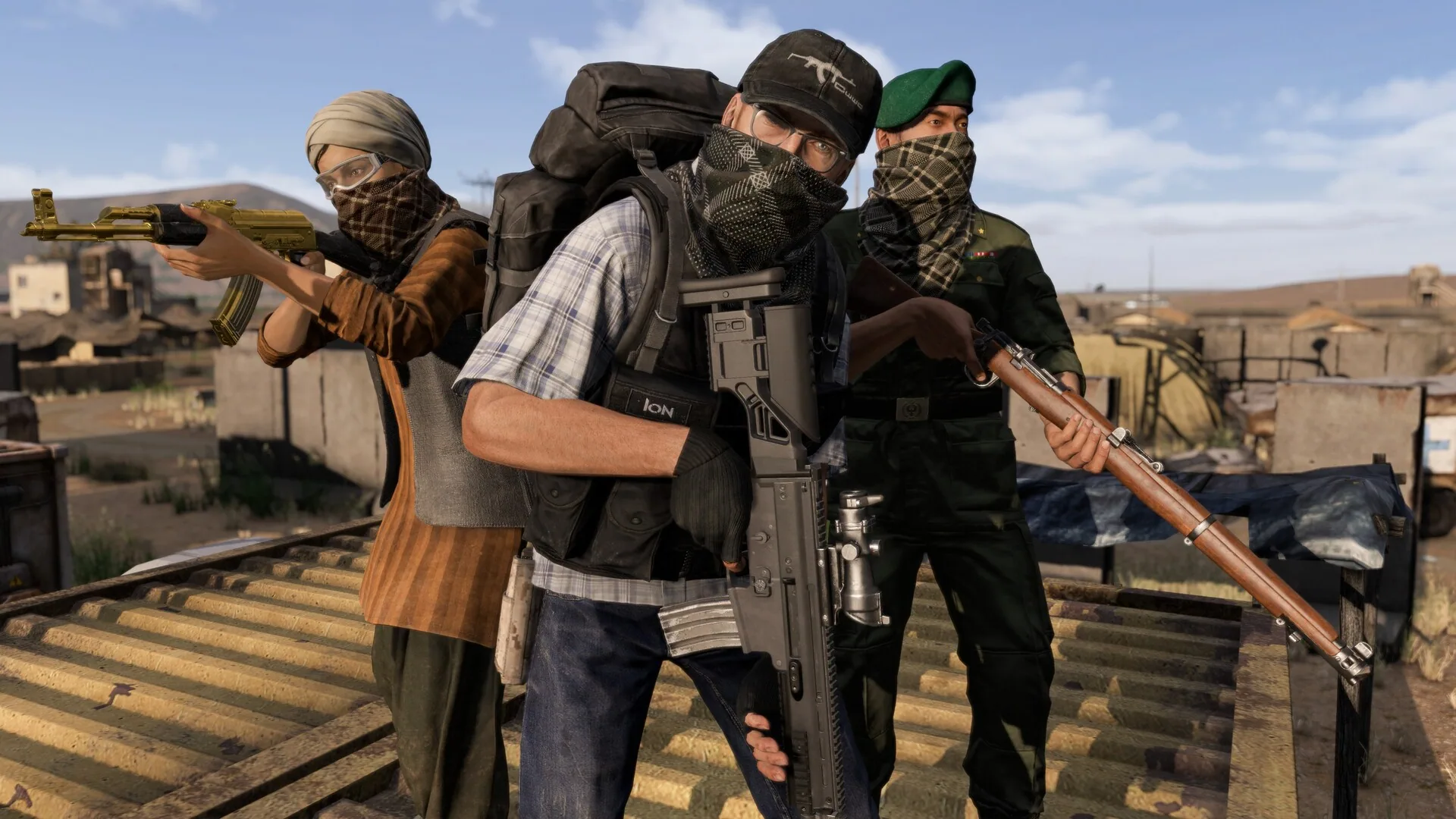 Three armed survivors, one carrying a gold-colored rifle