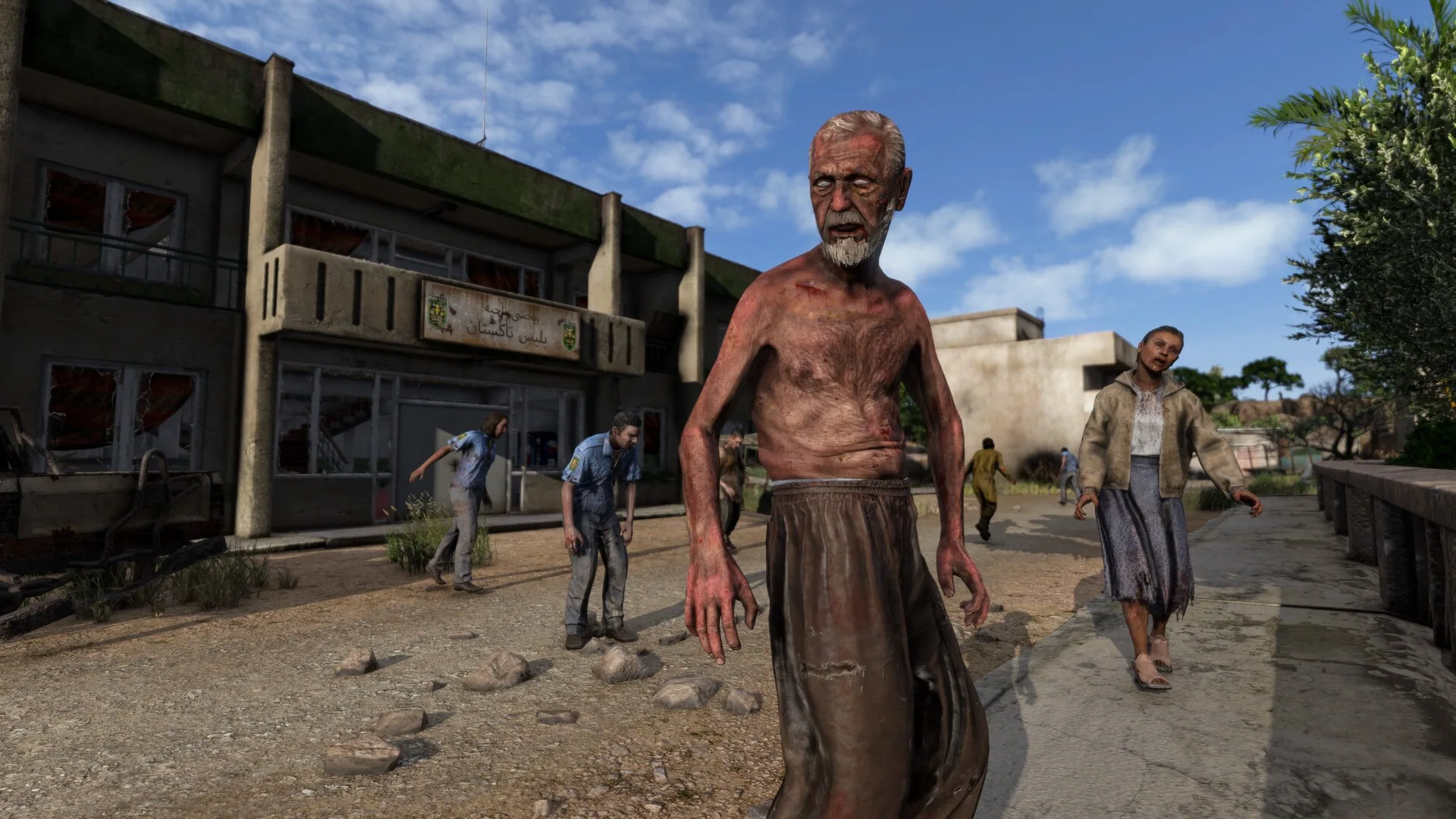 An infected figure in daylight on concrete