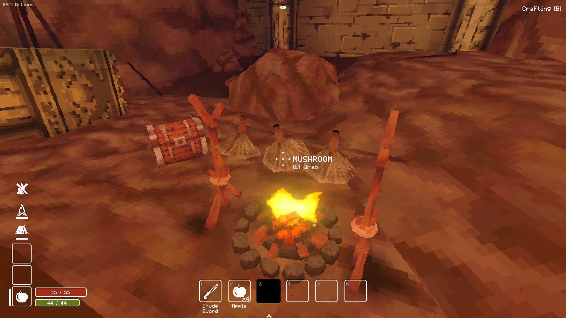 Campfire with mushrooms and a crafting bar in Deep Dish Dungeon
