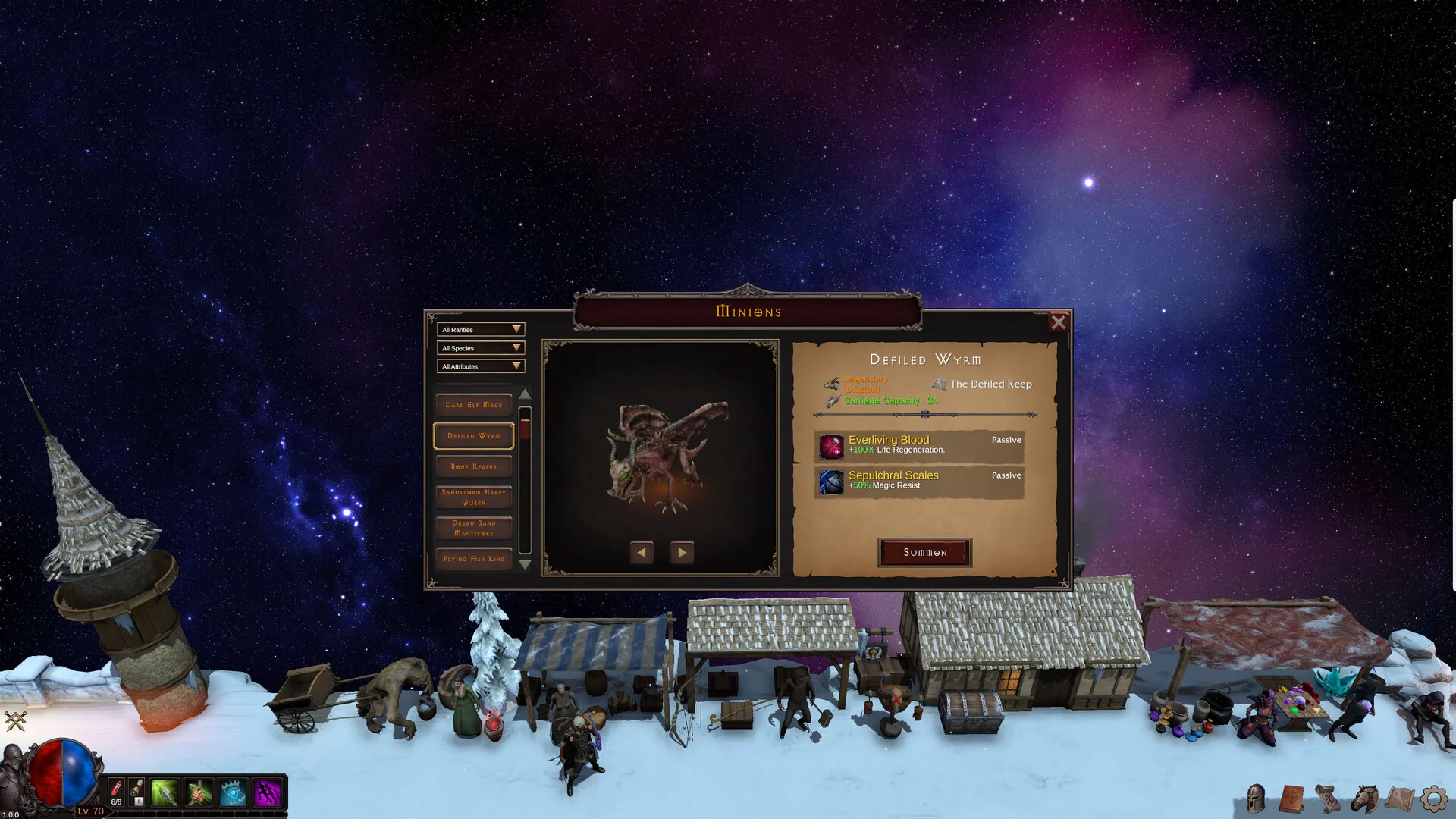 Deskrawl character panel showing gear, minions, and combat stats