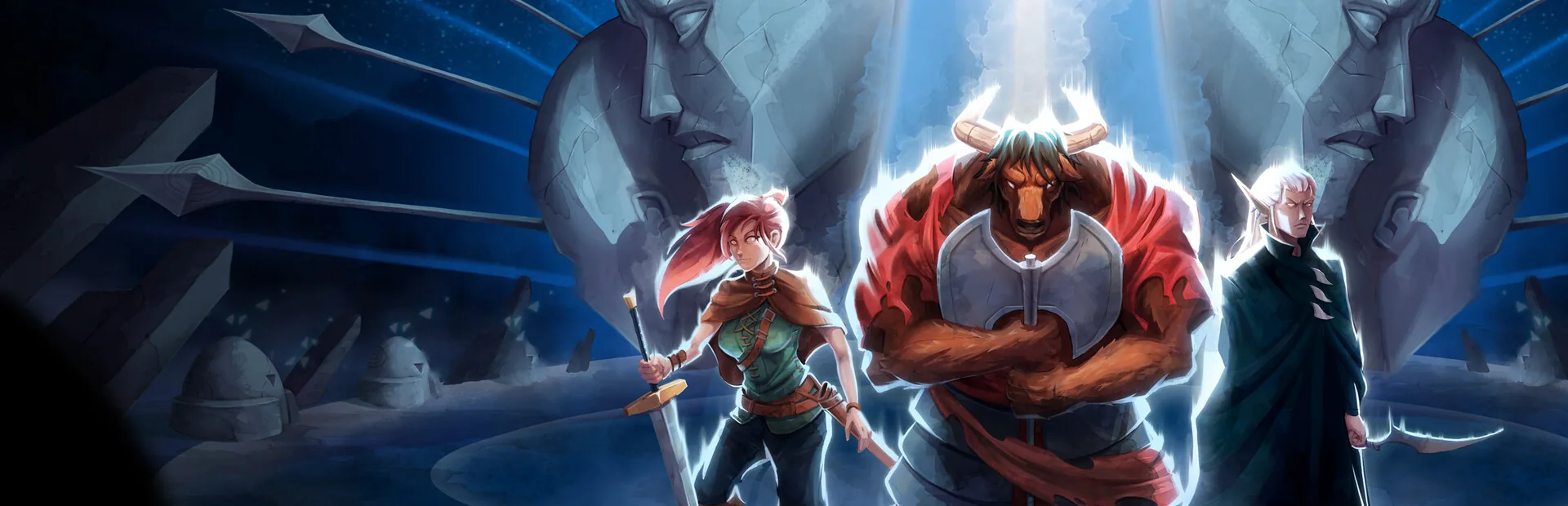 Three Early Access heroes before giant stone faces.