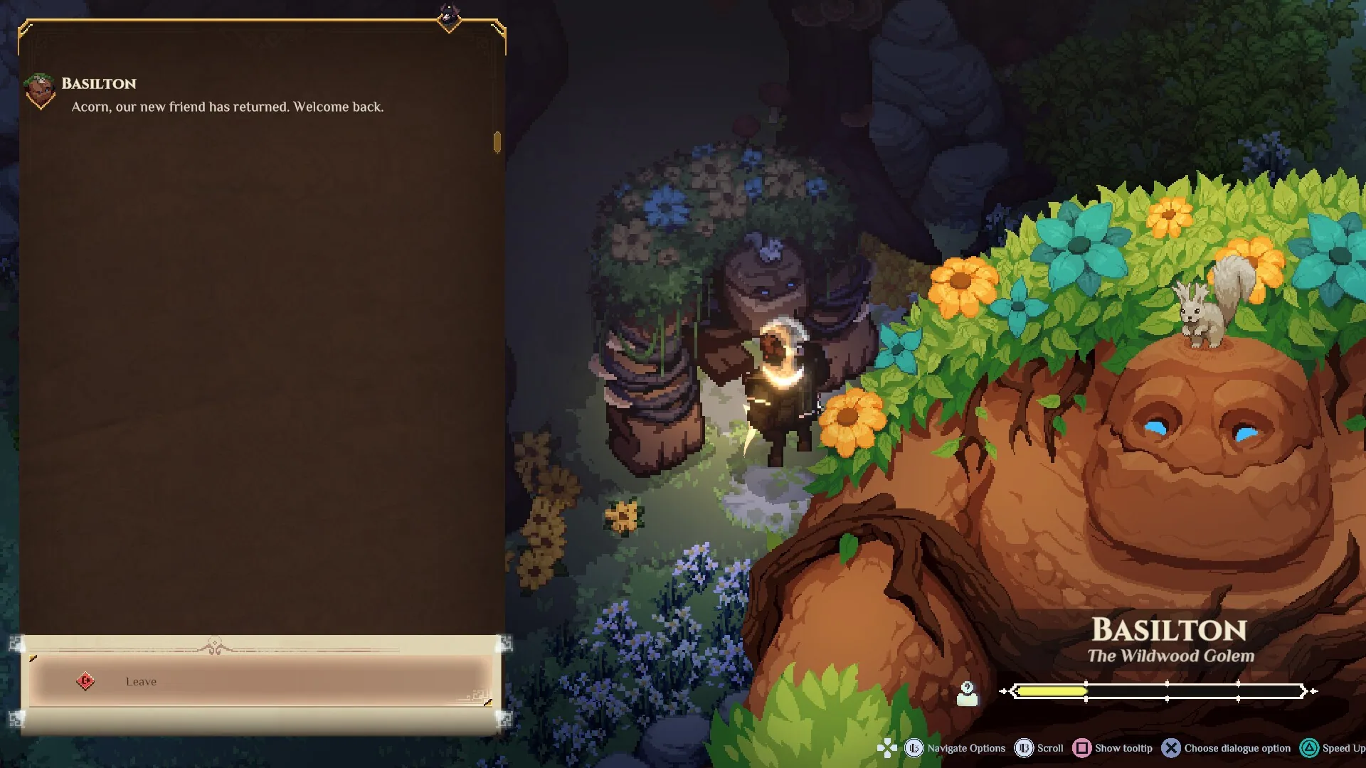 Dialogue with Basilton the Wildwood Golem.