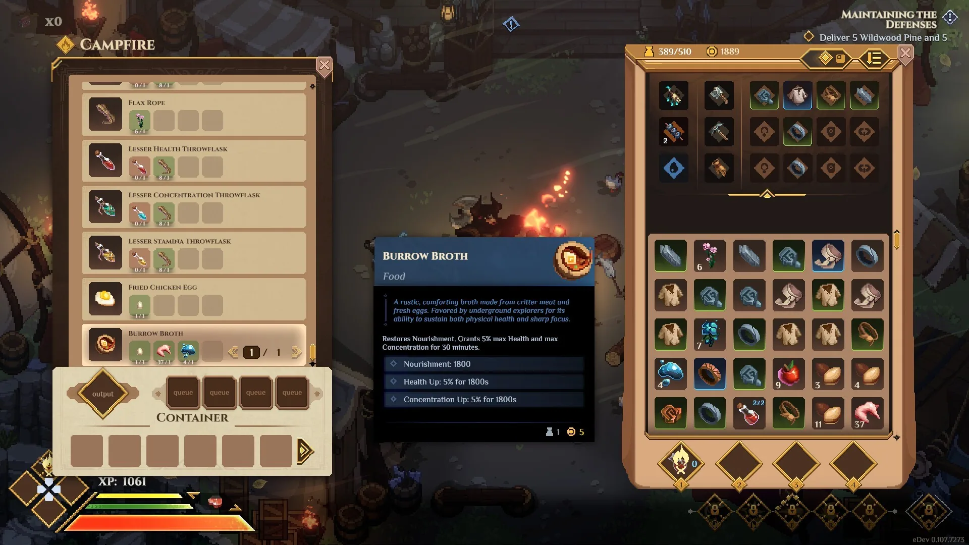 Campfire cooking UI showing Burrow Broth, throwflasks, and Concentration.
