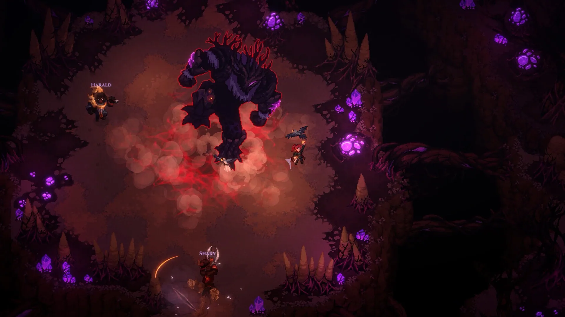 Three named players fighting a purple cave boss.
