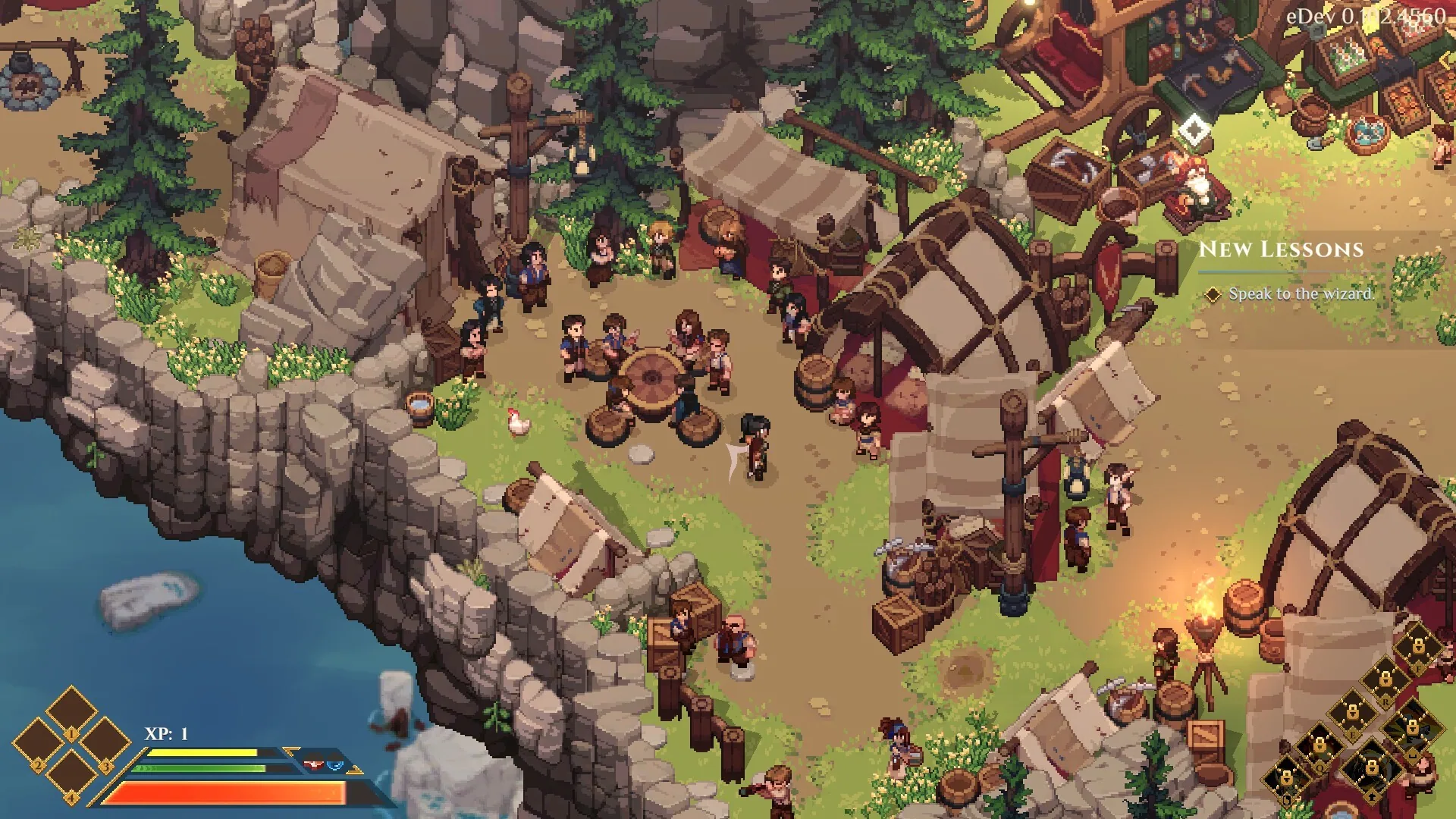 Cliffside village market with New Lessons: Speak to the wizard, XP 1.
