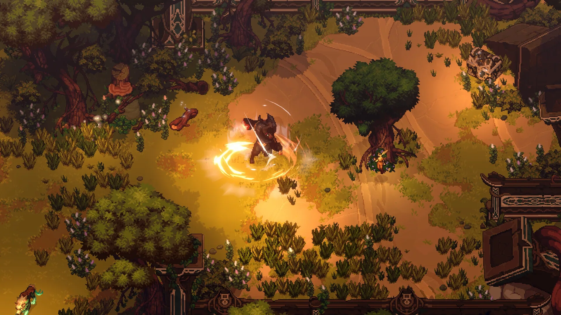 Minotaur spinning a fire arc against a forest path enemy.