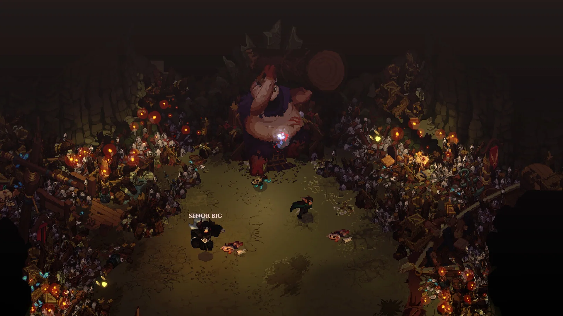 Crowd-filled cave arena facing a massive seated goblin king.