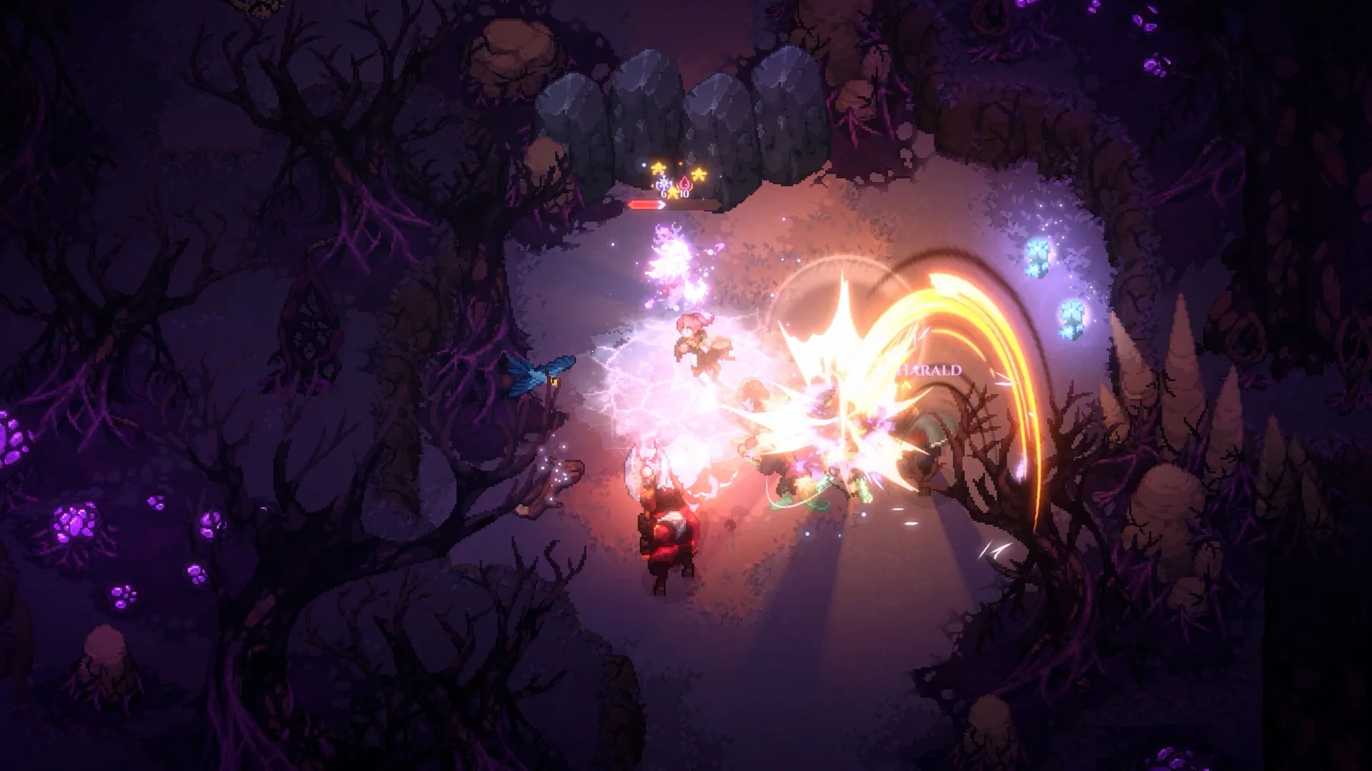 Co-op fight with purple magic, a blue bird pet, and a fire cleave.