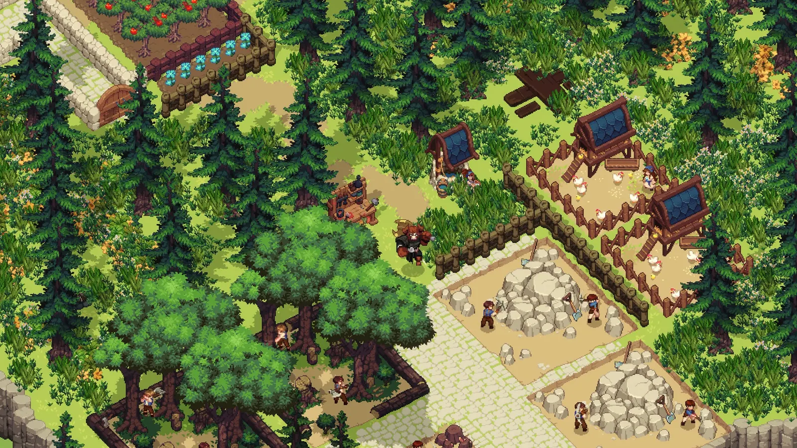 Sanctum farm with chicken coops, quarry plots, and a minotaur walking the path.