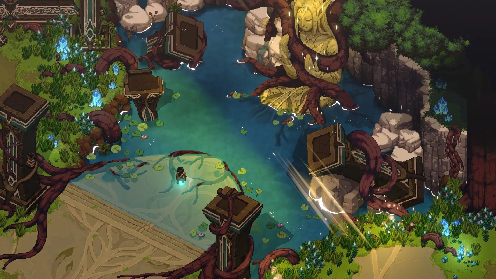 Hero at a glowing pool beneath a rooted golden statue.