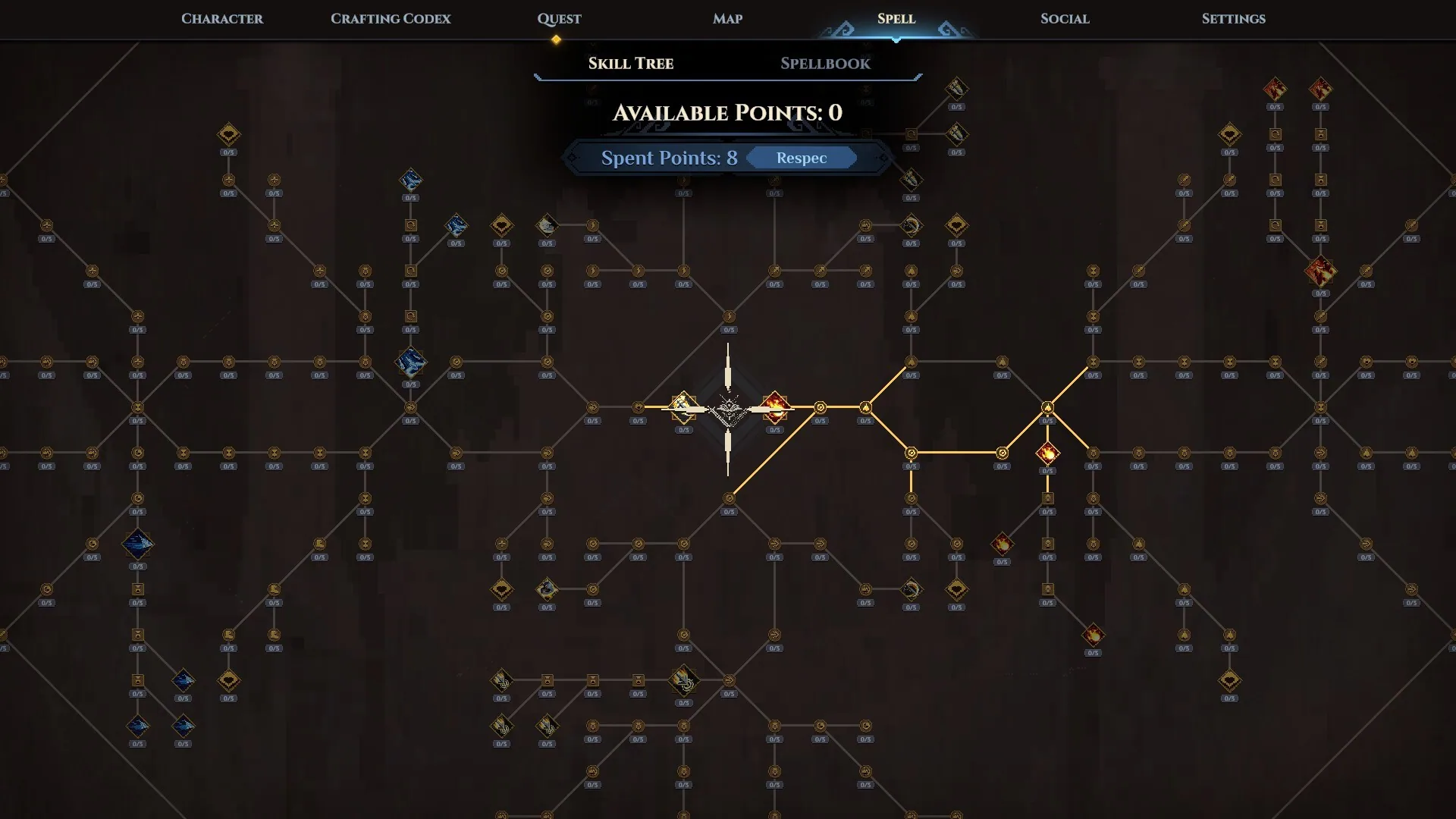 Spell skill tree with Skill Tree and Spellbook tabs, 8 points spent.